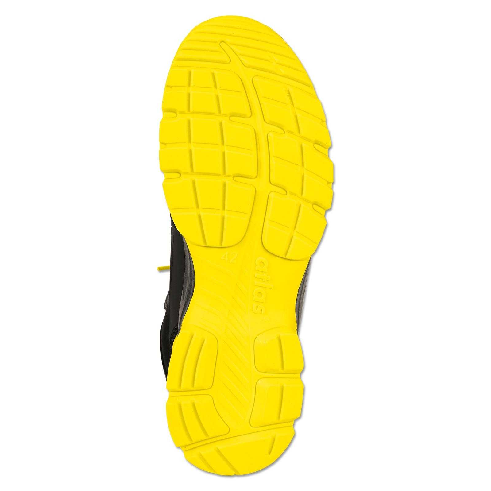 Detailansicht der gelben Sohle des BVB Sicherheitsschuhs S3 "MALOCHER 09 HIGH" von atlas, schwarzgelbe Farbgebung deutlich erkennbar.