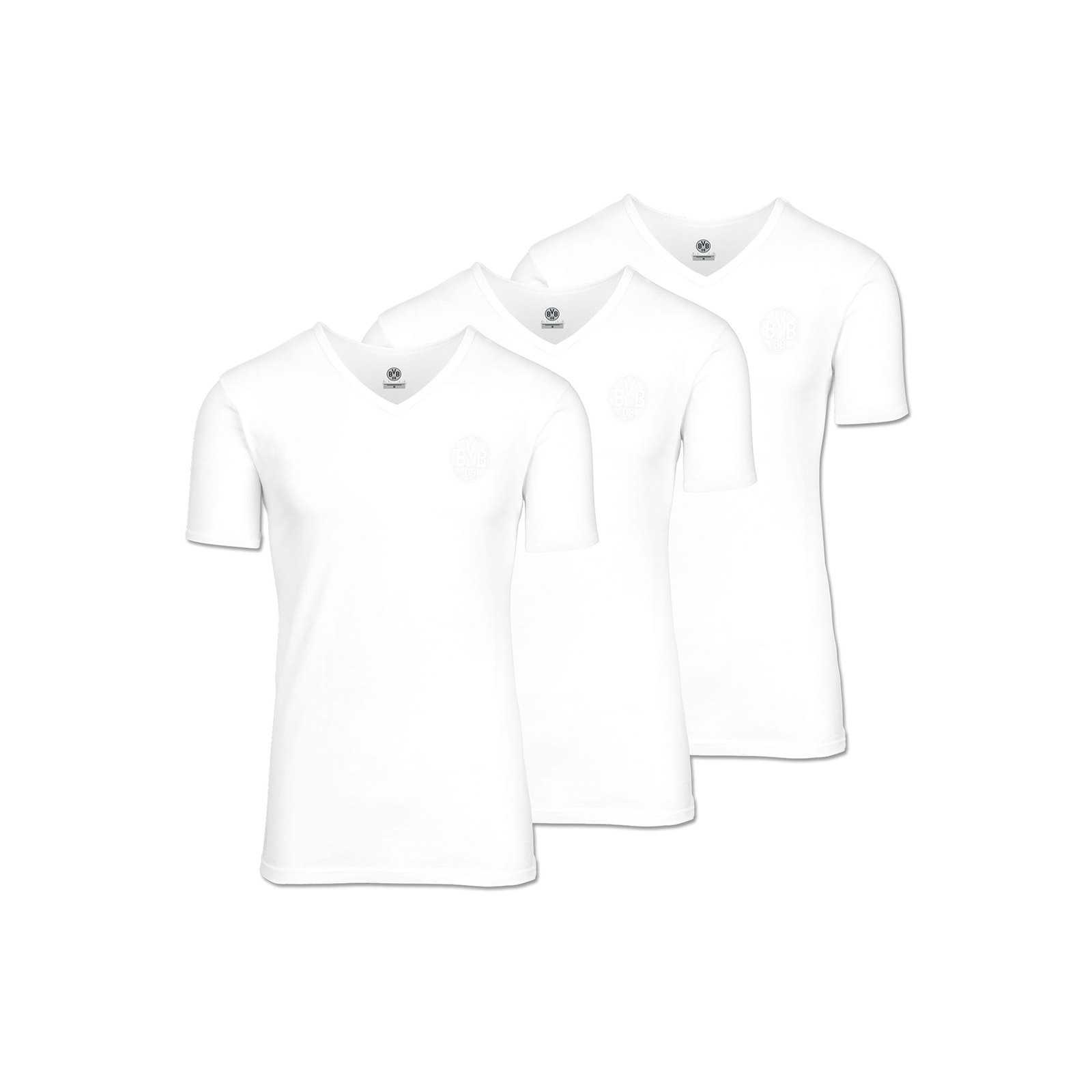 Vorderansicht des DORTMUND 3 PACK Unterhemd/-shirts in Weiß, jeweils mit V-Ausschnitt und dezentem BVB-Emblem auf der Brust.