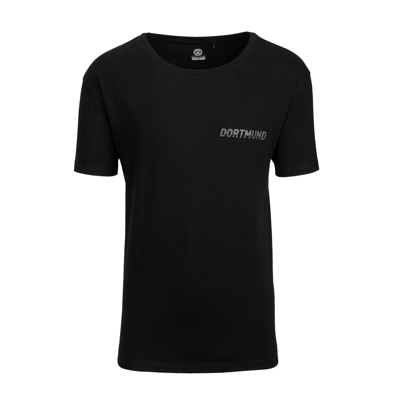 Vorderansicht des schwarzen DORTMUND - T-Shirts mit schlichtem Design und dezentem "DORTMUND"-Schriftzug auf der linken Brust.