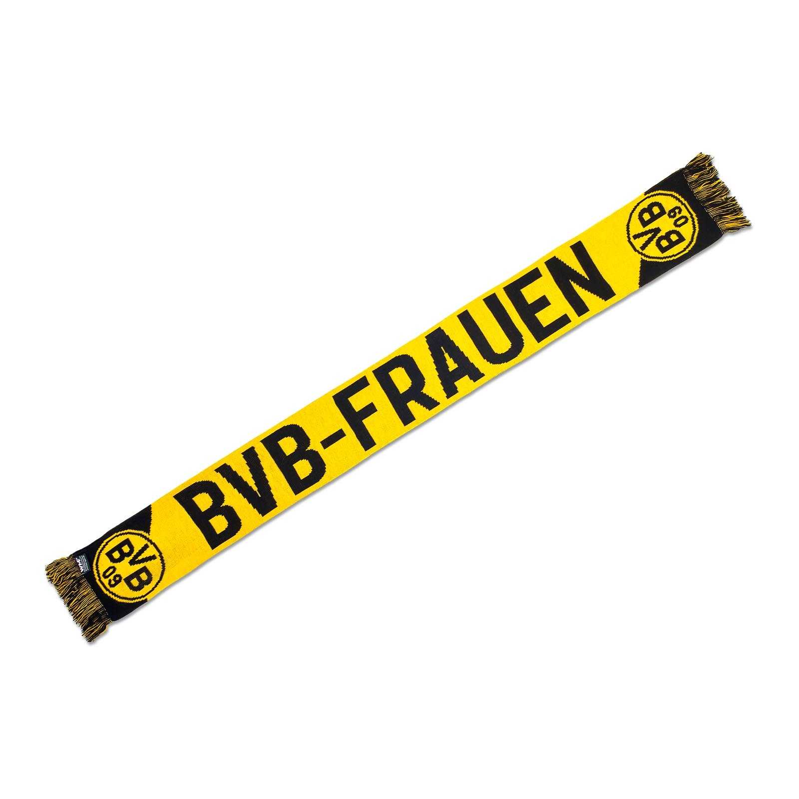 Frontalansicht des schwarzgelben BVB Frauen Schals mit großem Schriftzug "BVB-FRAUEN" und BVB-Emblem an beiden Enden.