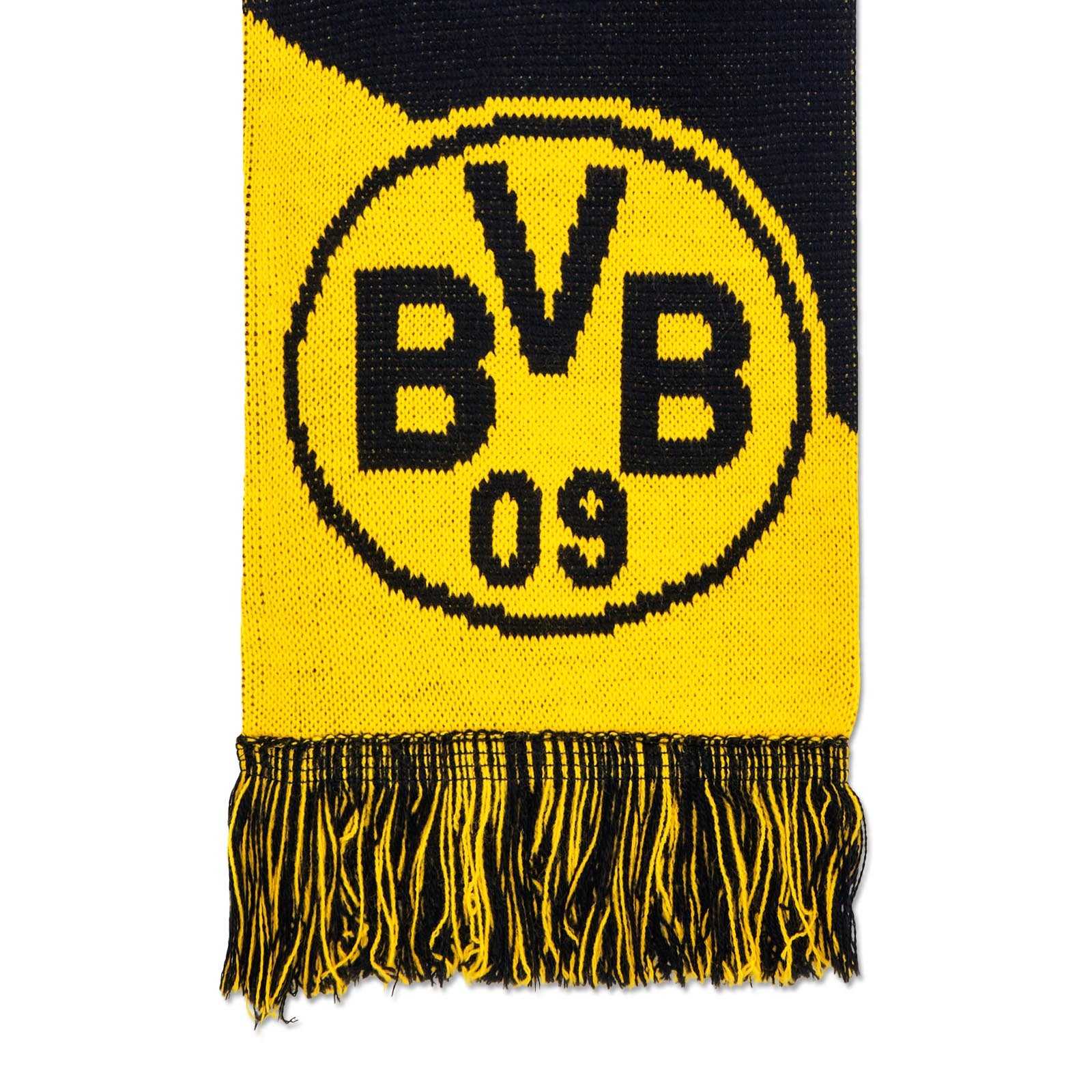 Detailansicht des BVB Frauen Schal in schwarzgelb mit großem BVB-Emblem und schwarzgelben Fransen am unteren Rand.