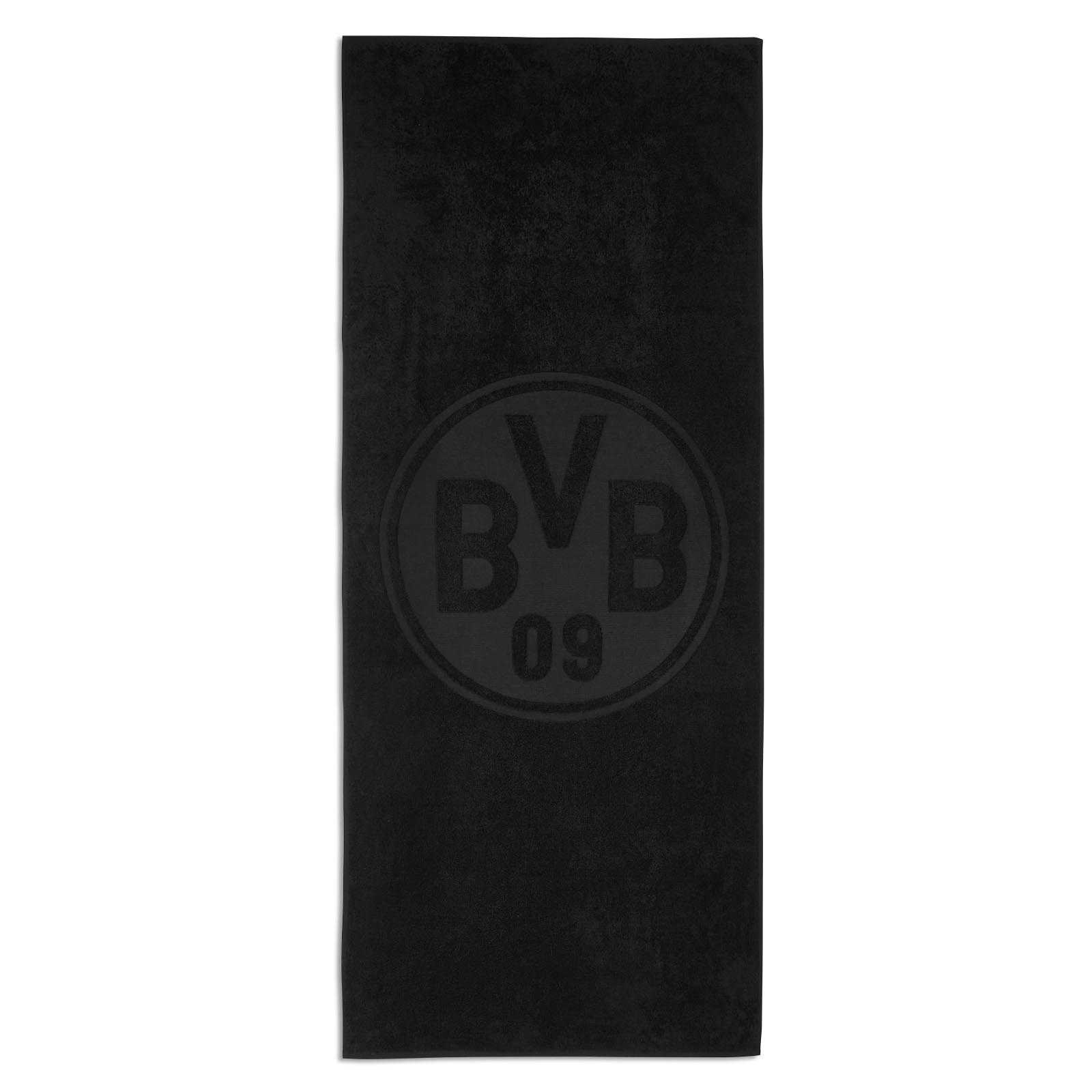 Frontalansicht des BVB Badetuchs schwarz 70 x 180 cm mit großem, dezentem BVB-Emblem in der Mitte auf schwarzem Stoff.