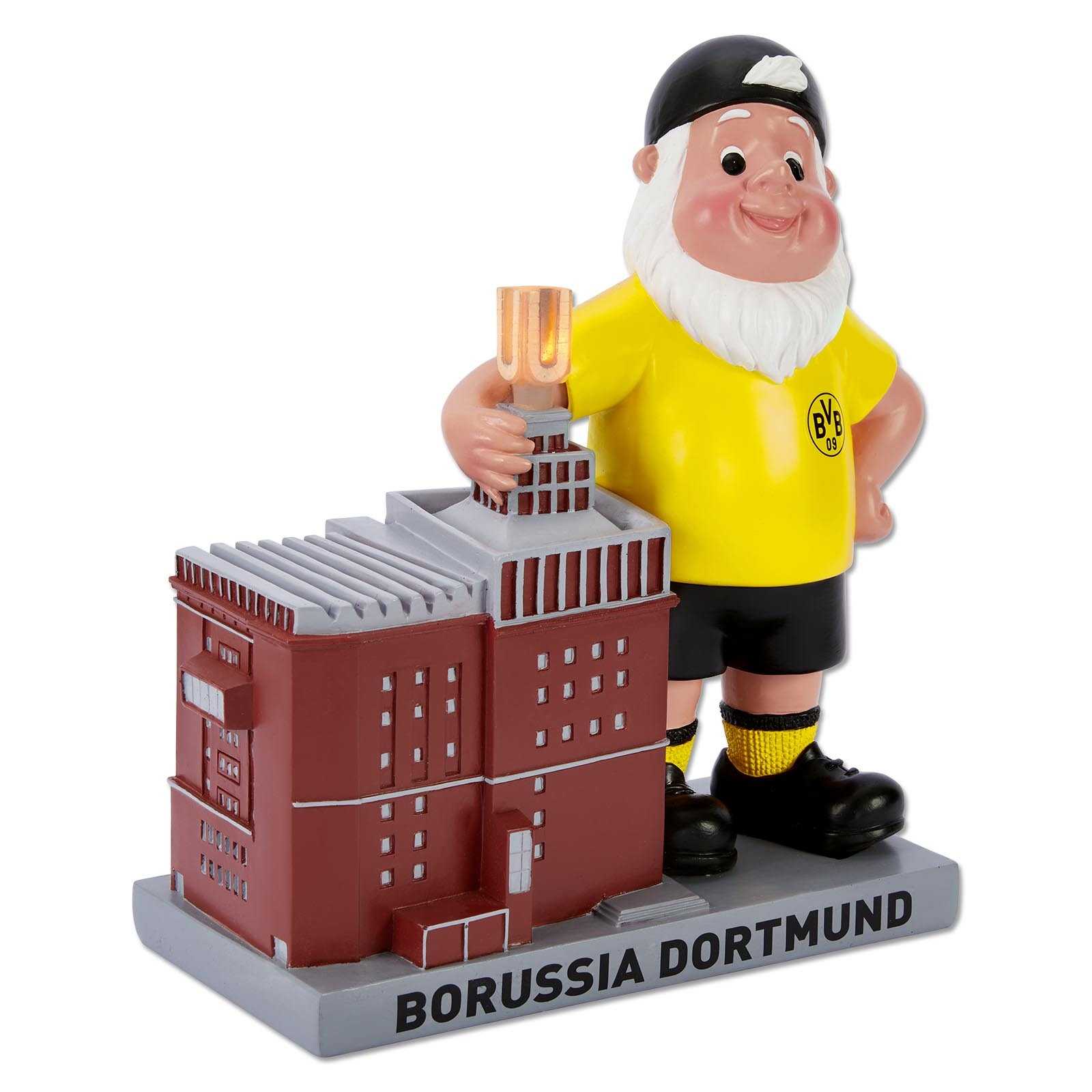 Frontansicht des BVB Gartenzwerg U-Turm mit LED, der einen schwarzgelben Zwerg im BVB-Trikot und das Modell des Dortmunder U-Turms mit leuchtendem LED-U zeigt.