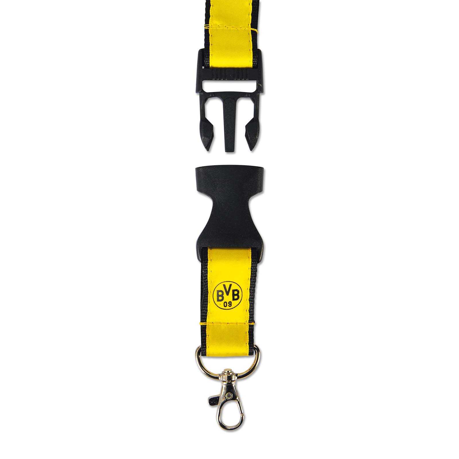 Frontalansicht des BVB-Schlüsselbands in schwarzgelb mit Kunststoffverschluss und BVB-Emblem auf dem gelben Bereich, unten mit Metallhaken.
