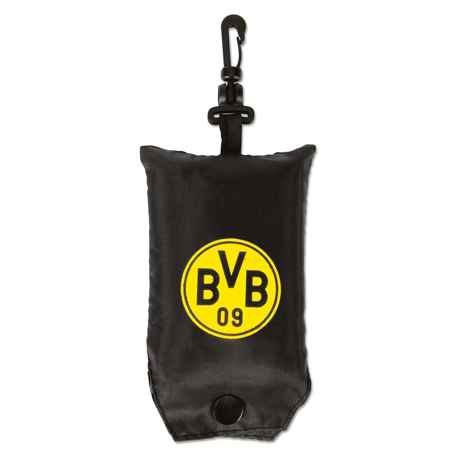 Vorderansicht des schwarzgelben BVB Faltshoppers mit großem BVB-Emblem auf der Vorderseite und praktischem Karabiner zum Befestigen.
