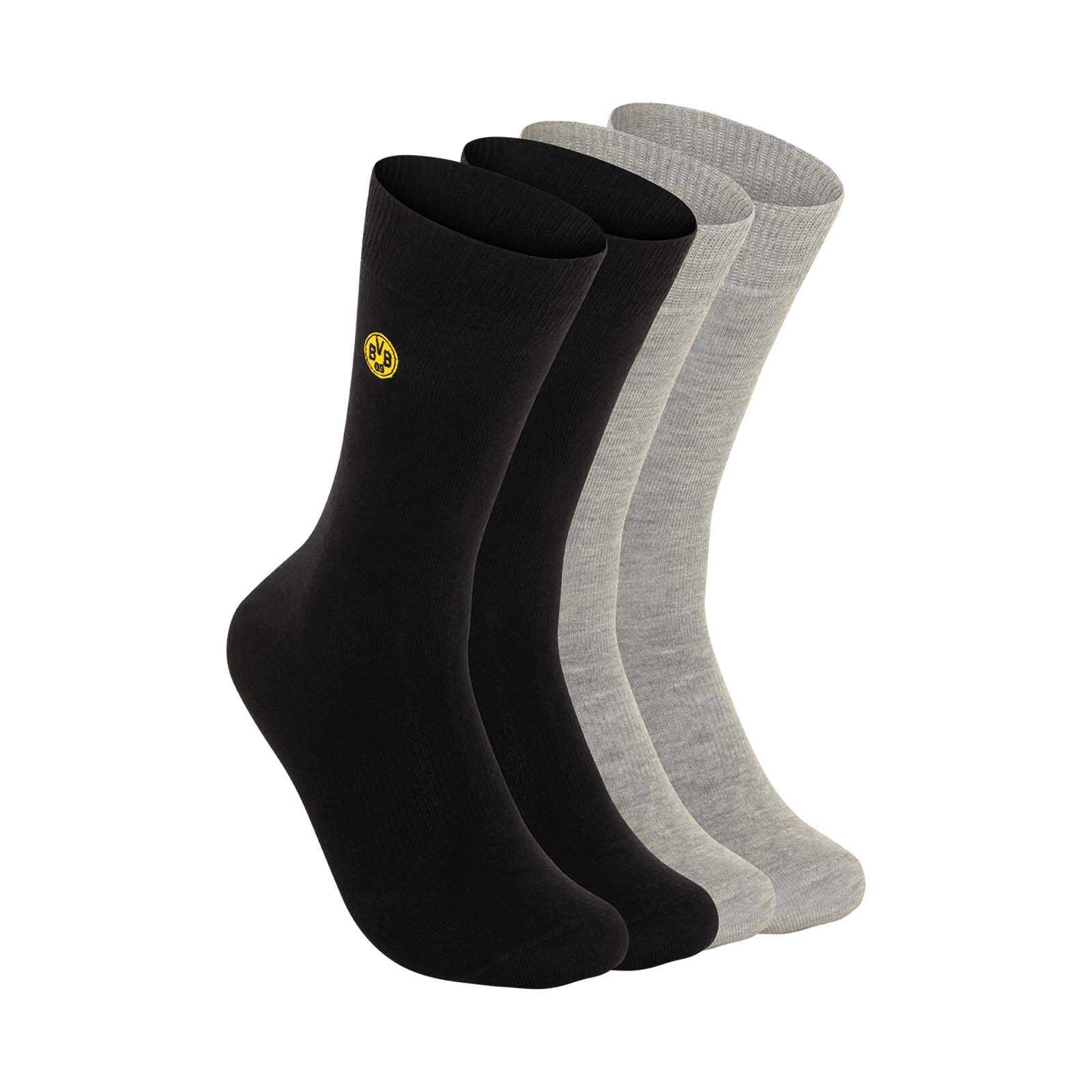Vorderansicht des BVB Business-Socken (2er-Set) 23-24 in schwarzgelb und grau, jeweils mit sichtbarem BVB-Emblem am Schaft.