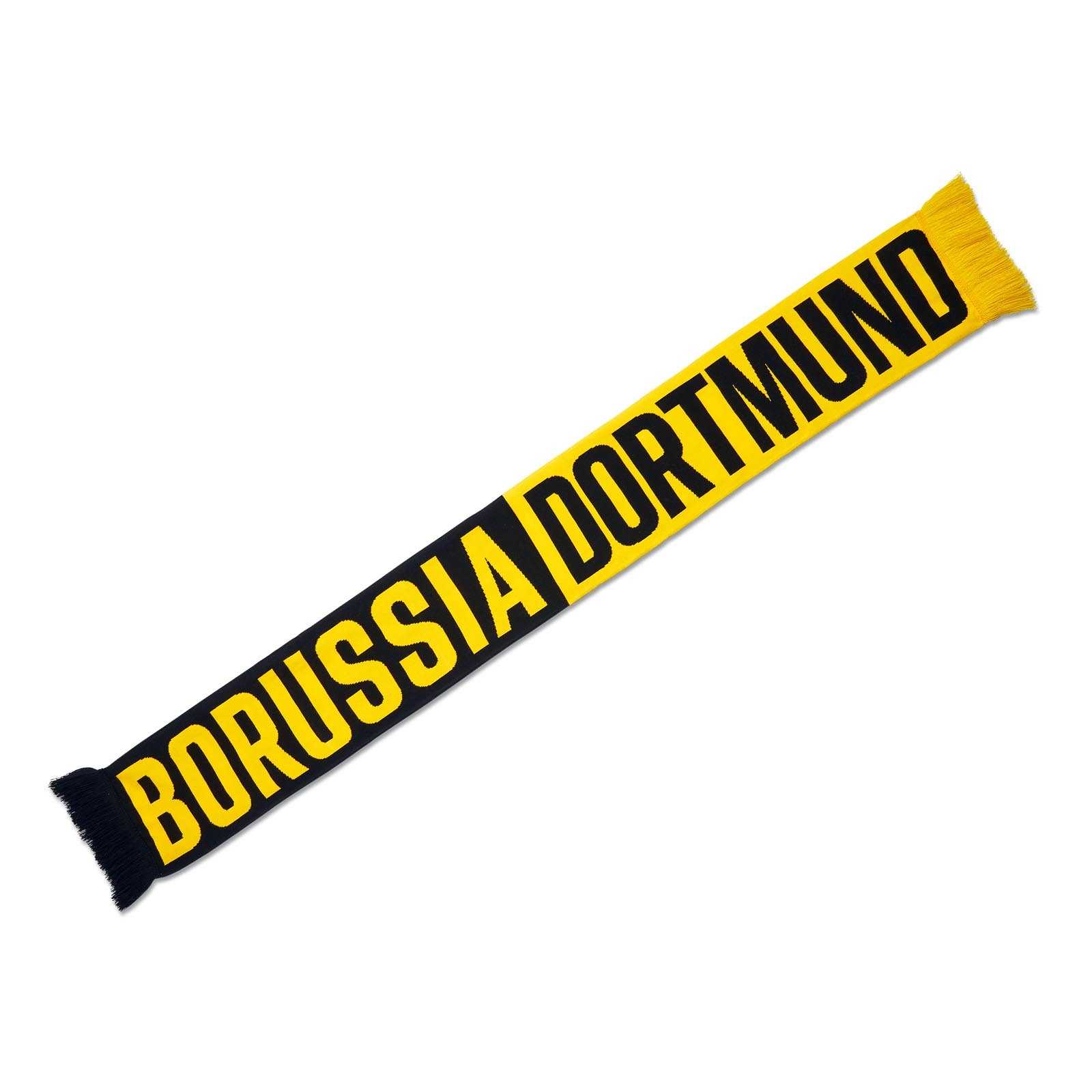 Diagonale Ansicht des schwarzgelben BVB Schal extra soft Borussia Dortmund mit großem Schriftzug "BORUSSIA DORTMUND" und Fransen an den Enden.