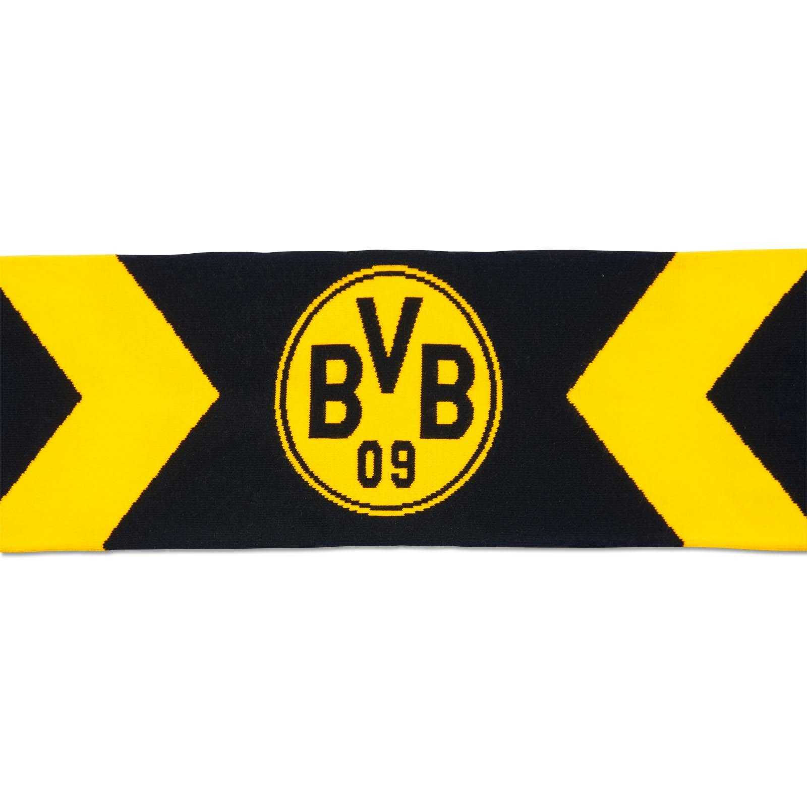 Detailansicht des BVB-Schal Chevron in schwarzgelb mit Chevrondesign und mittigem BVB-Emblem.