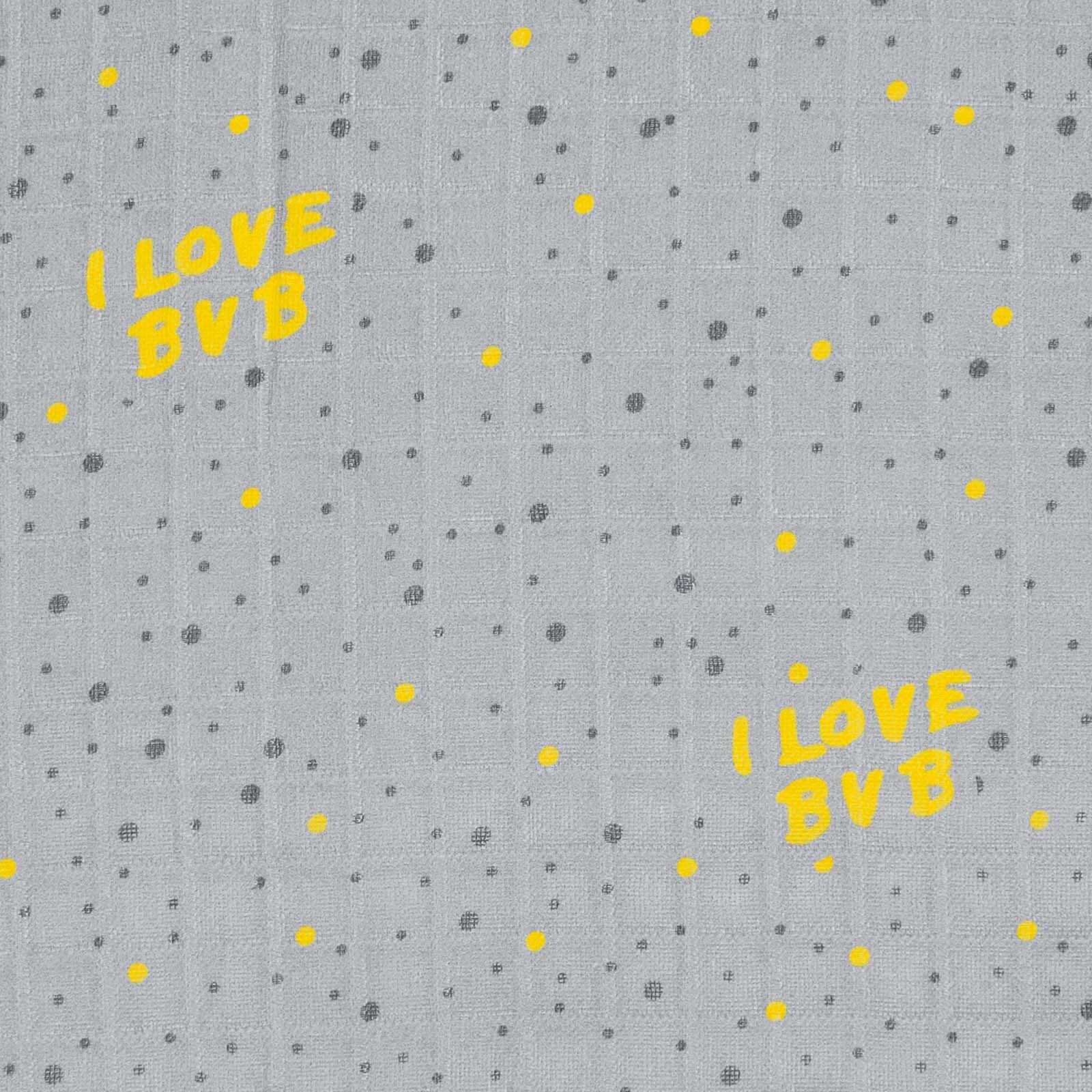 Detailansicht des BVB Mulltücher (2er Set) in Grau mit gelbem Aufdruck "I LOVE BVB" und schwarzgelben Punkten als Muster.