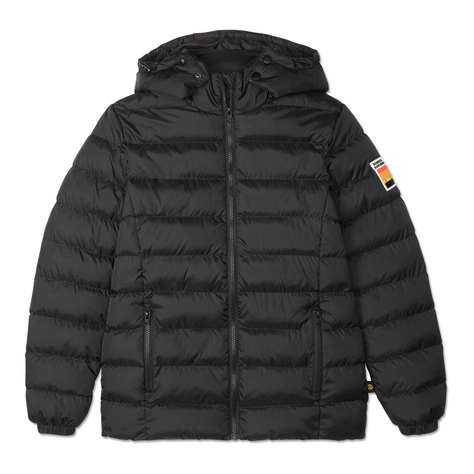 Vorderansicht der schwarzen BVB Steppjacke Damen mit Kapuze, gestepptem Design und BVB-Emblem am linken Ärmel.