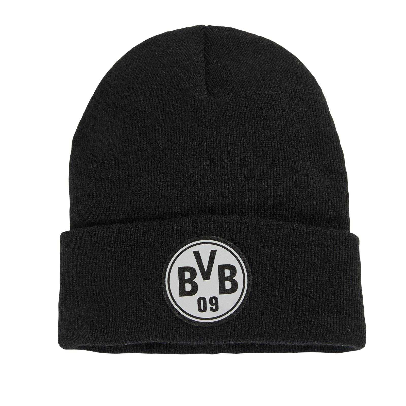 Vorderansicht der schwarzen BVB Logo Beanie reflective für Kinder mit reflektierendem BVB-Emblem auf dem Umschlag.