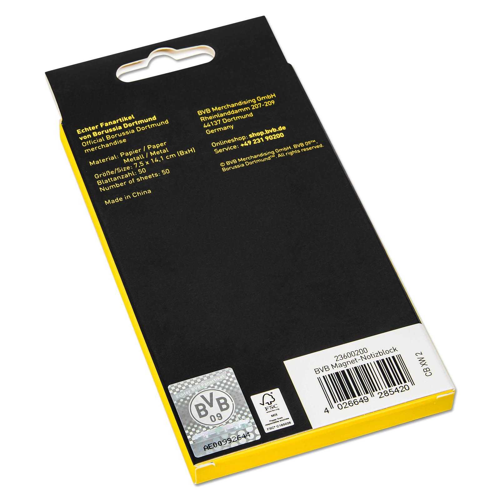 Rückansicht des BVB Magnet-Notizblocks in schwarzgelbem Design mit BVB-Emblem und Produktinformationen in Gelb.