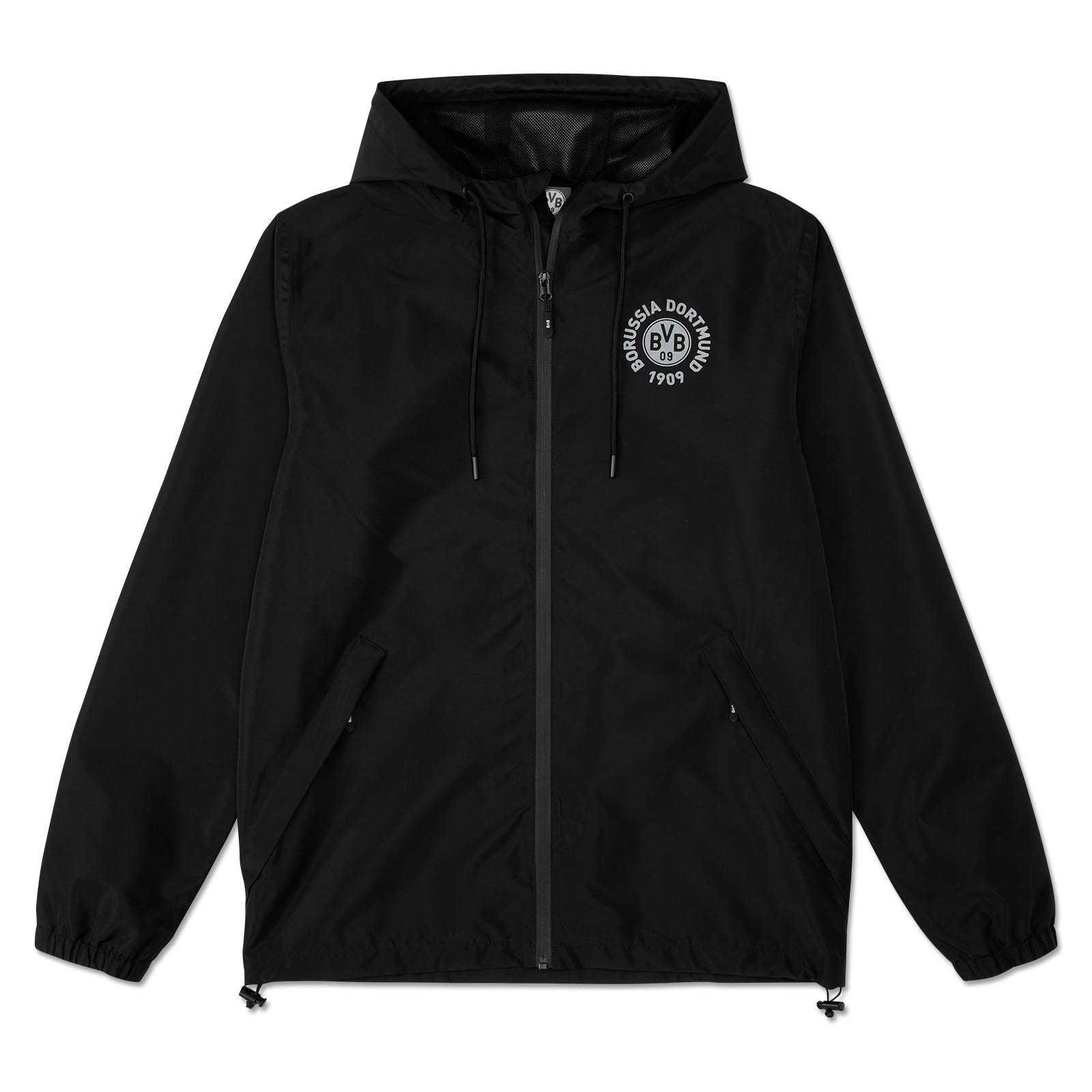 Vorderansicht der schwarzen BVB Regenjacke mit Backprint, Kapuze, Reißverschluss und BVB-Emblem auf der linken Brust.
