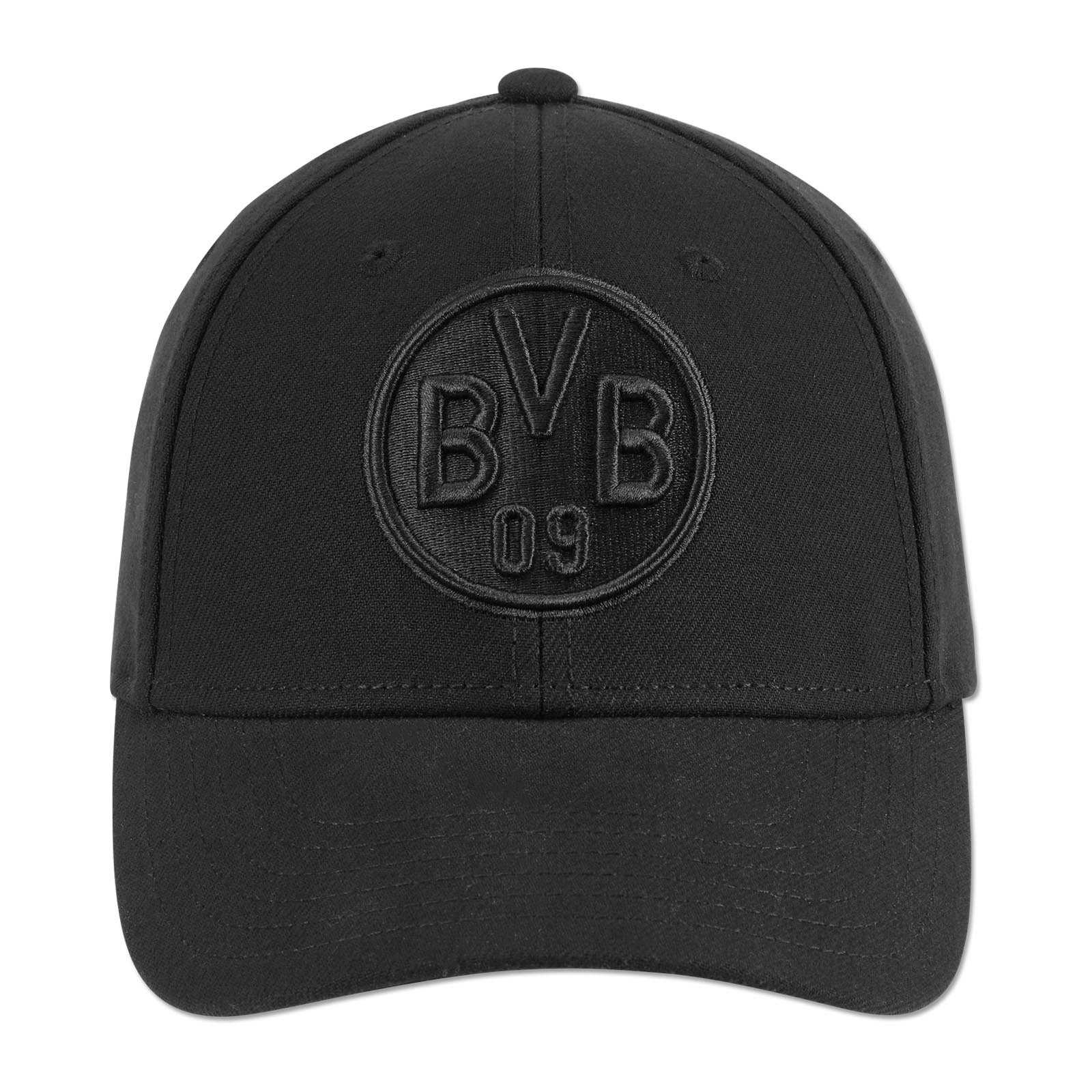 Vorderansicht der BVB Cap Logo schwarz, komplett in Schwarz gehalten mit großem, gesticktem BVB-Emblem auf der Vorderseite der Kappe.