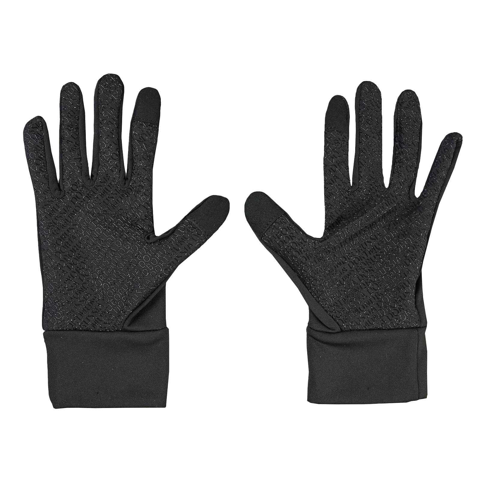Vorderansicht der schwarzen BVB Funktionshandschuhe mit strukturierter, rutschfester Oberfläche, beide Handschuhe nebeneinander abgelegt.