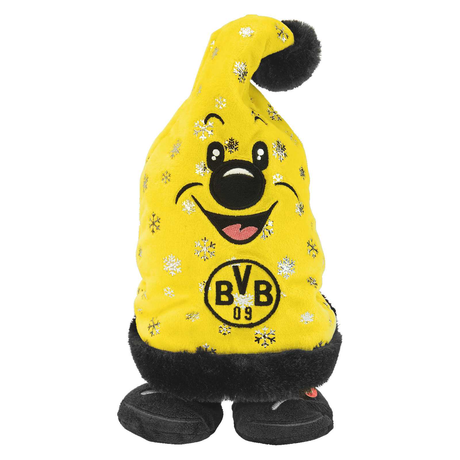 Vorderansicht der BVB tanzenden und singenden Mütze in schwarzgelb mit Schneeflocken und BVB-Emblem auf der Vorderseite.