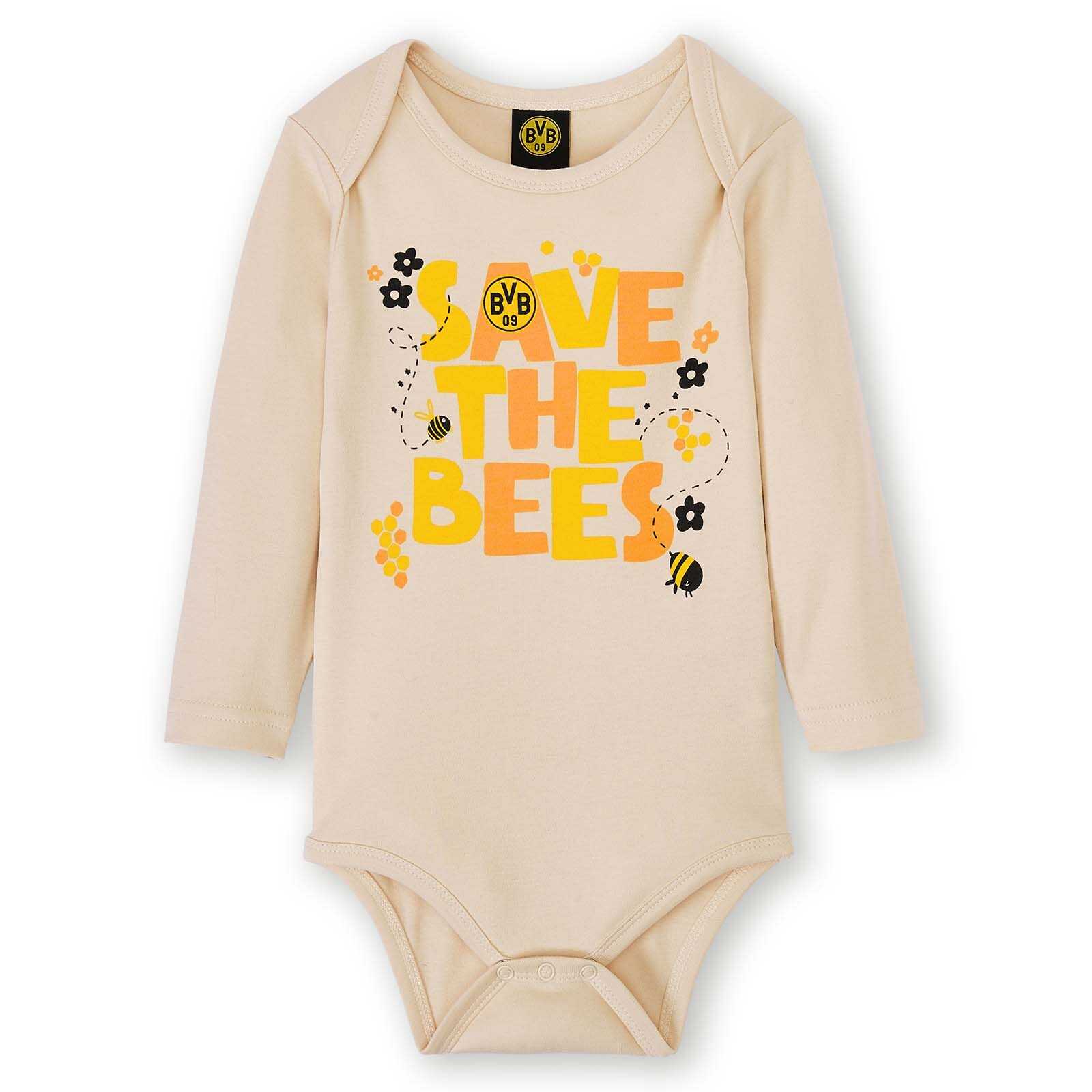 Vorderansicht des BVB Babybody Save the bees in Beige mit buntem "Save the bees"-Schriftzug, Bienenmotiven und BVB-Emblem auf der Brust.