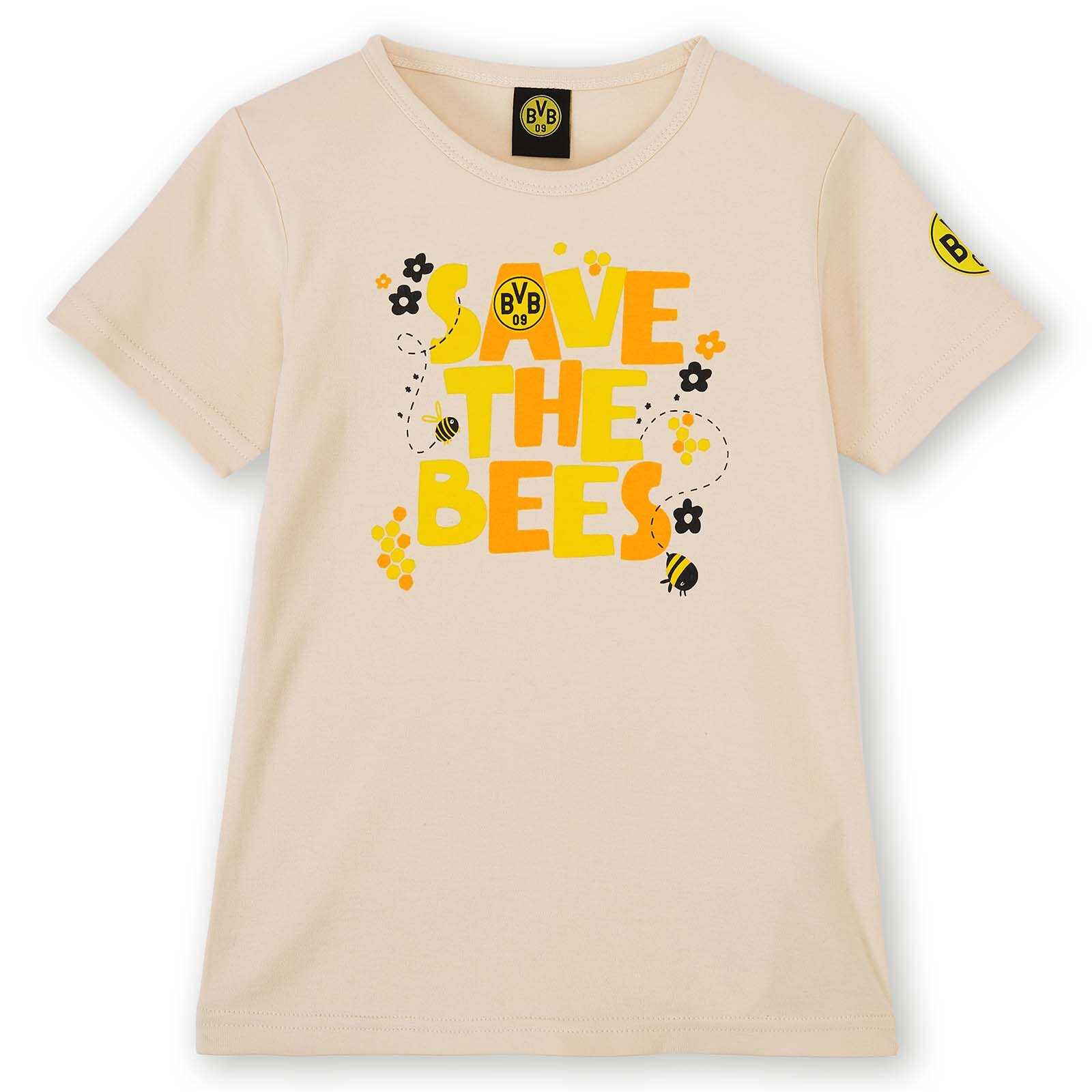 Vorderansicht des BVB Baby T-Shirts Save the bees in Beige mit buntem Print, BVB-Emblem im Schriftzug und kleinem BVB-Logo am linken Ärmel.