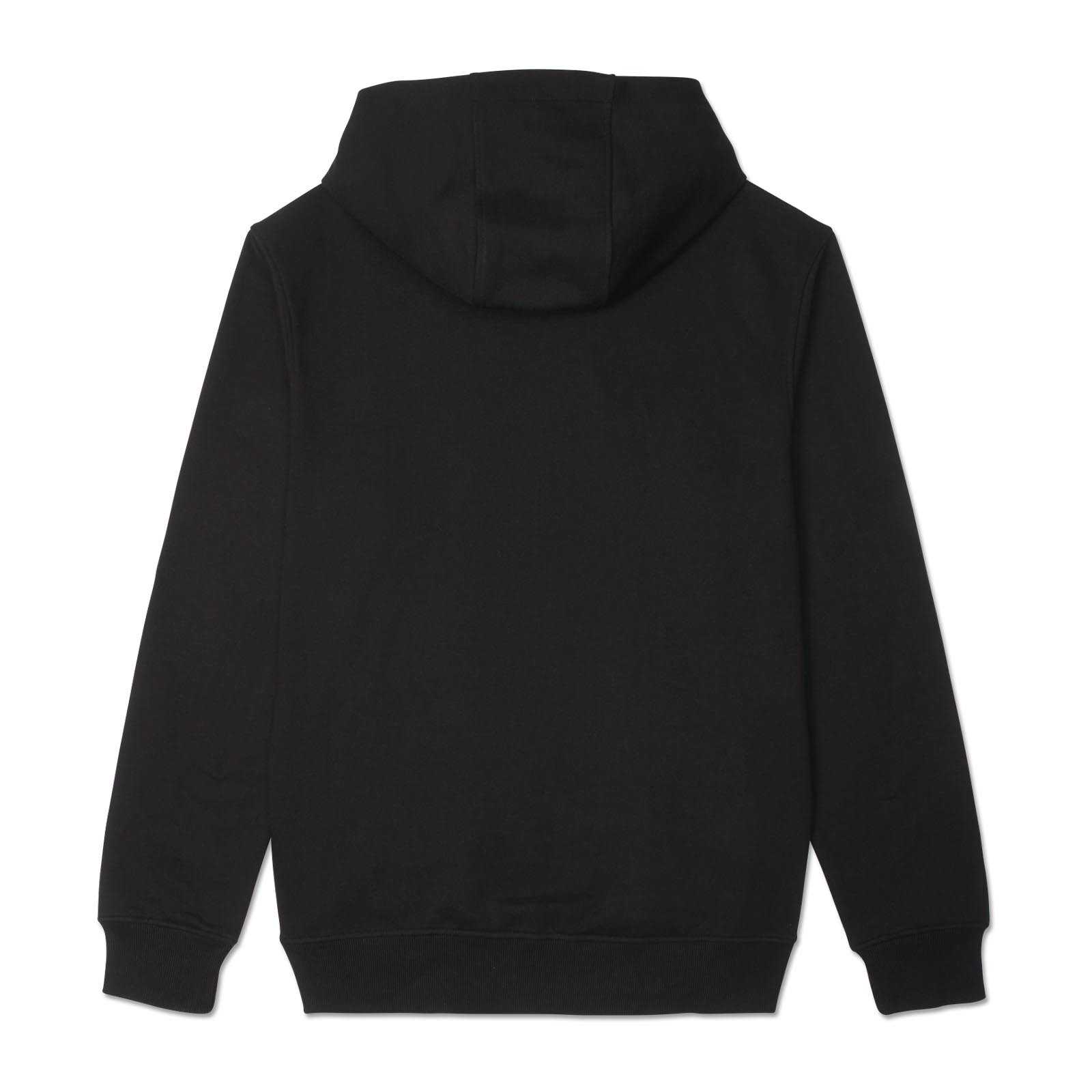 Rückansicht des schwarzen BVB CLUB Hoodie ohne sichtbares BVB-Emblem oder weitere Details. Die Kapuze ist vollständig zu sehen.