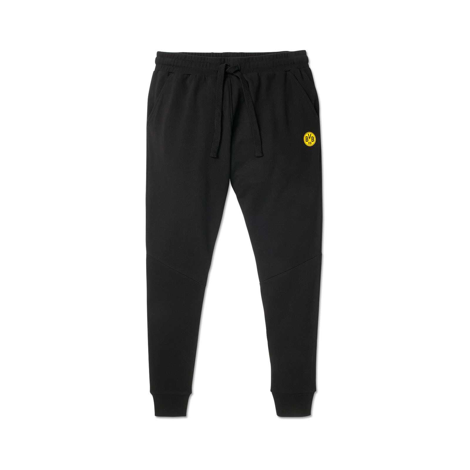 Vorderansicht der schwarzgelben BVB CLUB Freizeithose für Kinder mit elastischem Bund, Kordelzug und BVB-Emblem auf dem linken Oberschenkel.