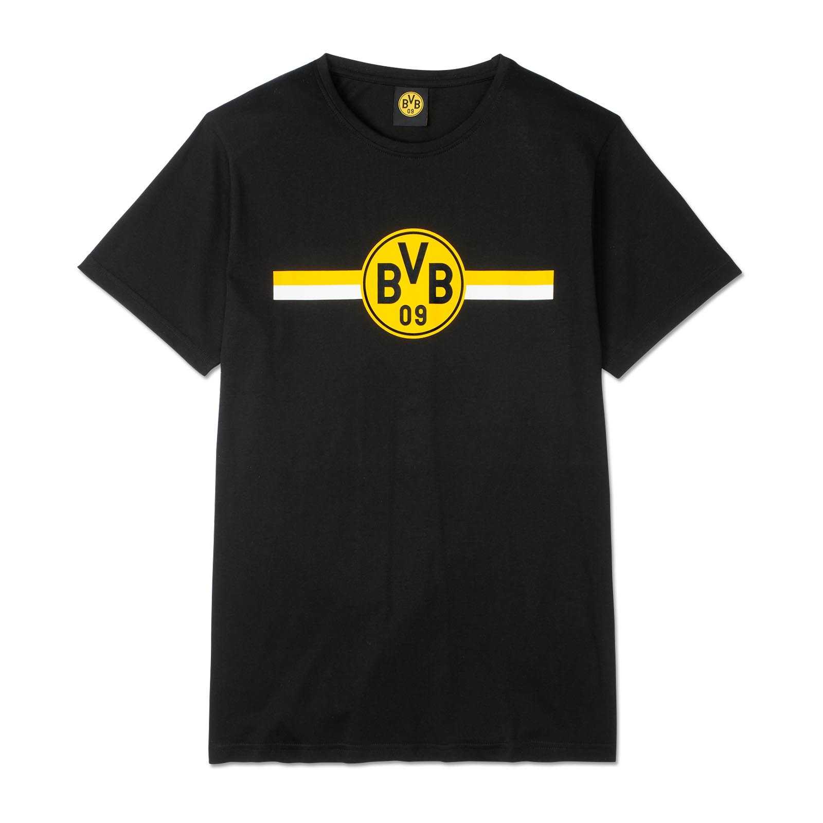 Vorderansicht des schwarzgelben BVB CLUB T-Shirts mit großem BVB-Emblem und gelb-weißer Querstreife auf der Brust.