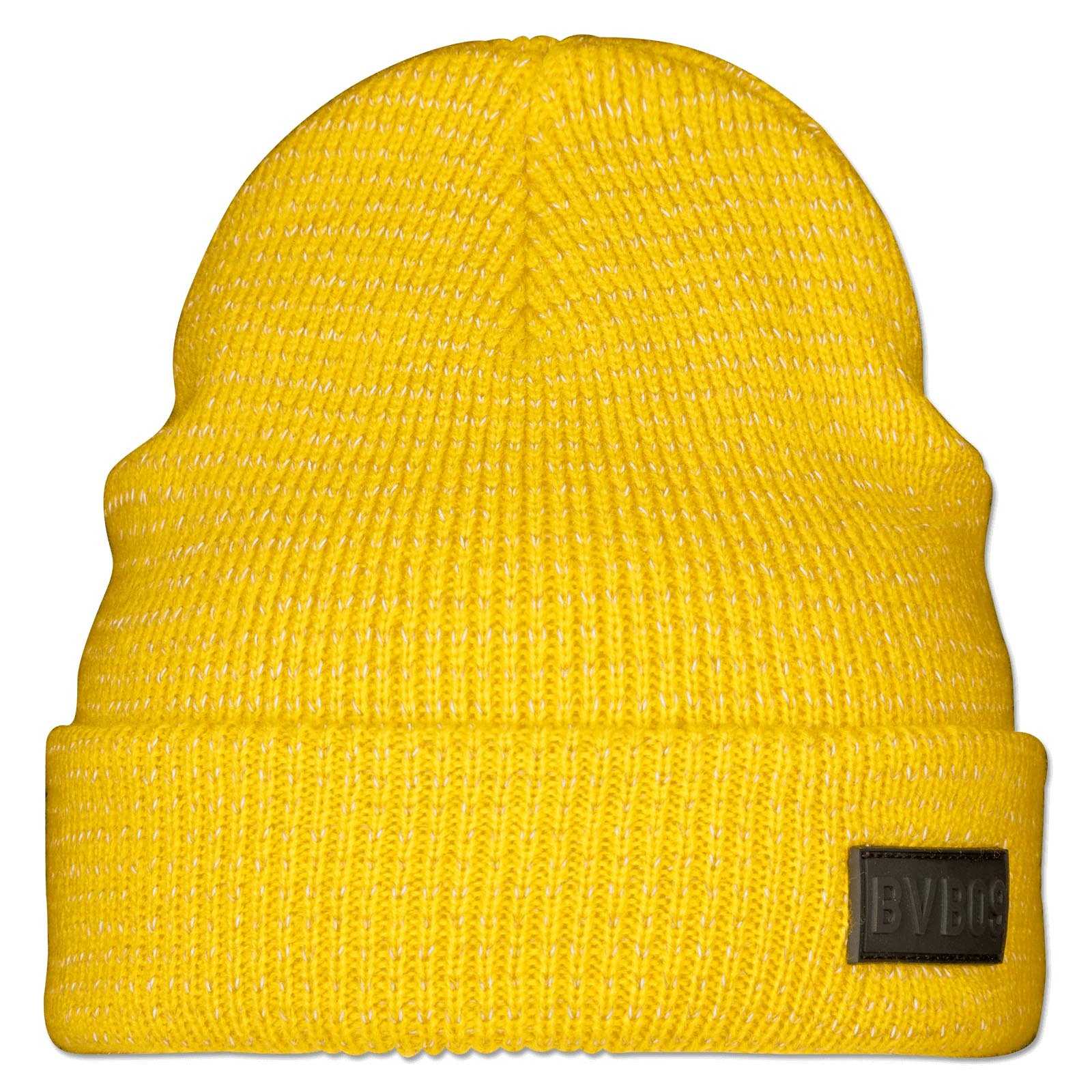 Vorderansicht der gelben BVB Beanie Reflektor Kinder mit reflektierenden Fäden und BVB 09-Emblem auf dem umgeschlagenen Rand.
