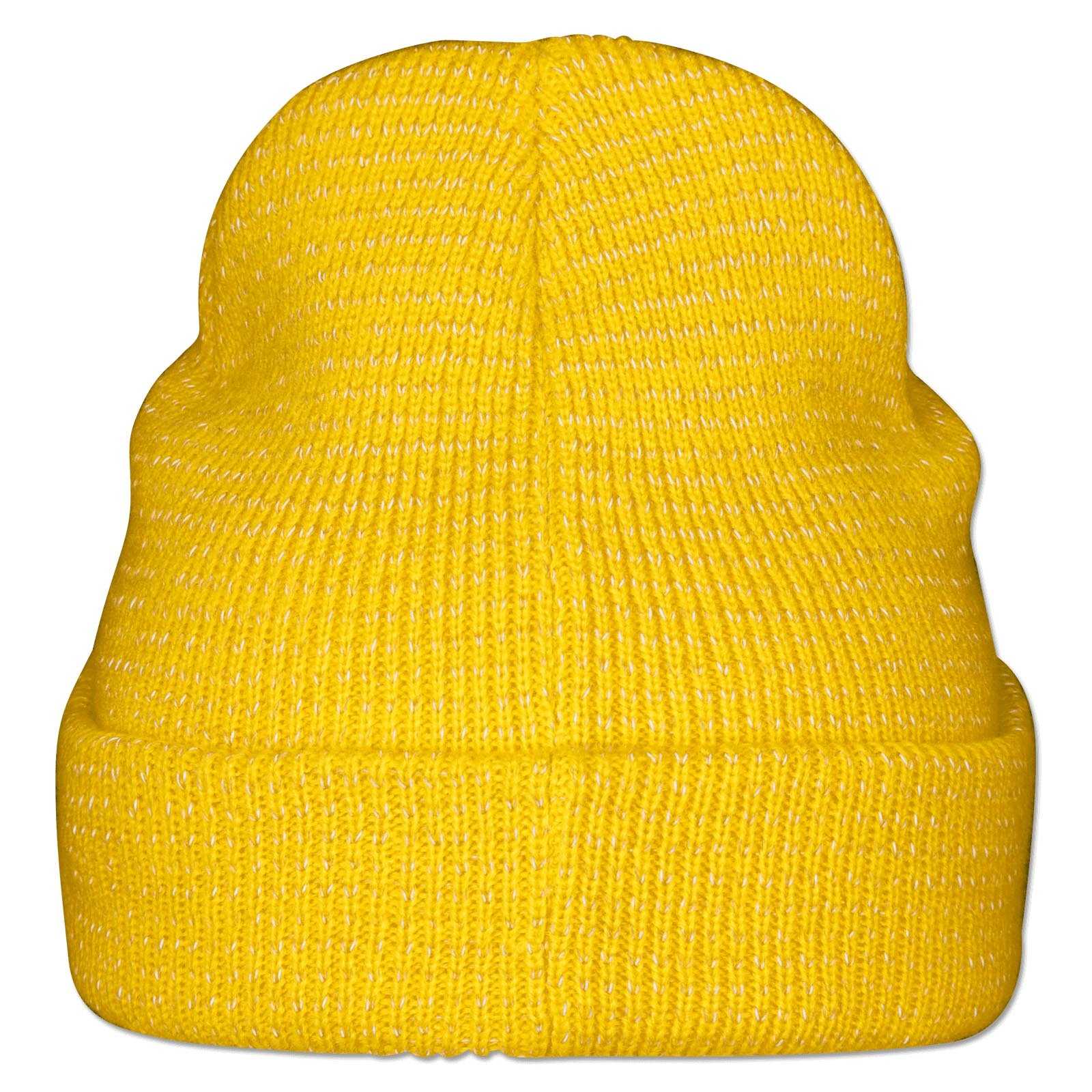 Vorderansicht der gelben BVB Beanie Reflektor Kinder aus reflektierendem Strickmaterial, ohne sichtbares BVB-Emblem oder weiteres Branding.