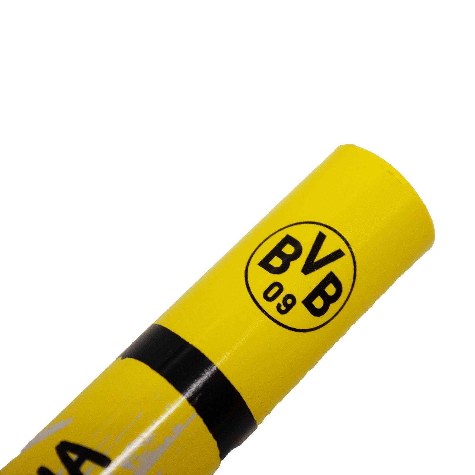 Detailansicht des gelben BVB-Radiergummi-Stifts mit schwarzgelbem Design und sichtbarem BVB-Emblem auf der Stifthülle.