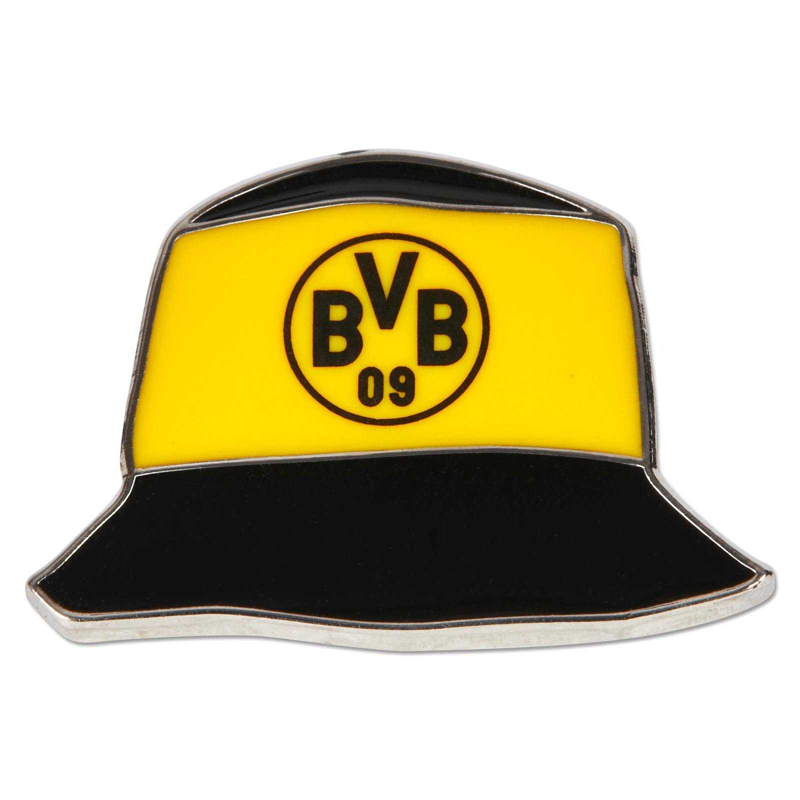 Nahaufnahme des BVB Pin Fischerhut in schwarzgelb mit zentralem BVB-Emblem auf der Vorderseite, Vorderansicht.