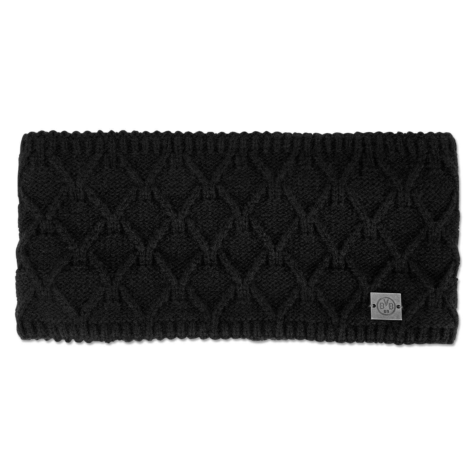 Frontansicht des schwarzen BVB Stirnband Damen mit Strickmuster und BVB-Emblem auf einem kleinen Metallpatch am Rand.