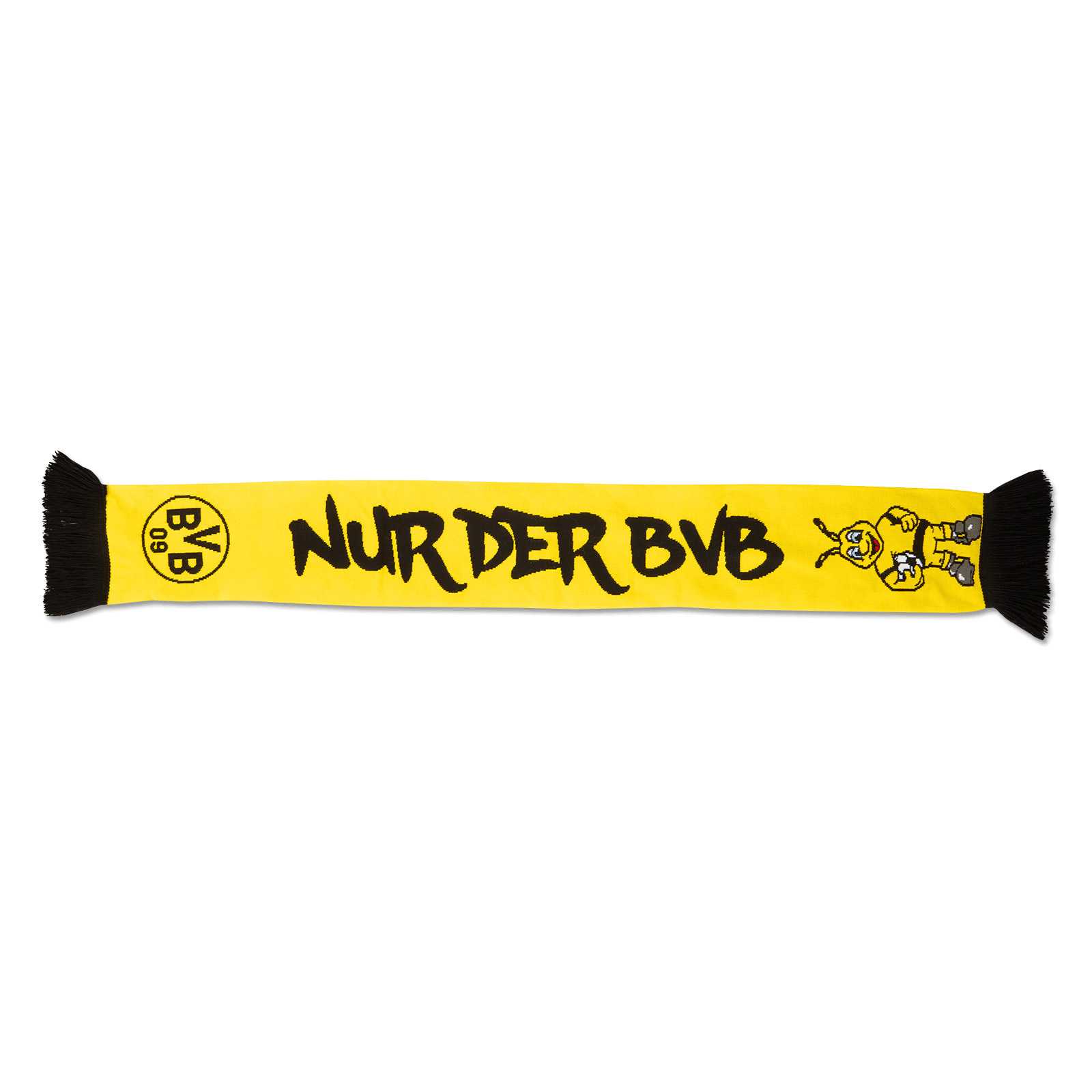 Vorderansicht des BVB Wendeschal EMMA Kinder in schwarzgelb mit BVB-Emblem, EMMA-Motiv und Schriftzug "Nur der BVB", schwarze Fransen an den Enden.