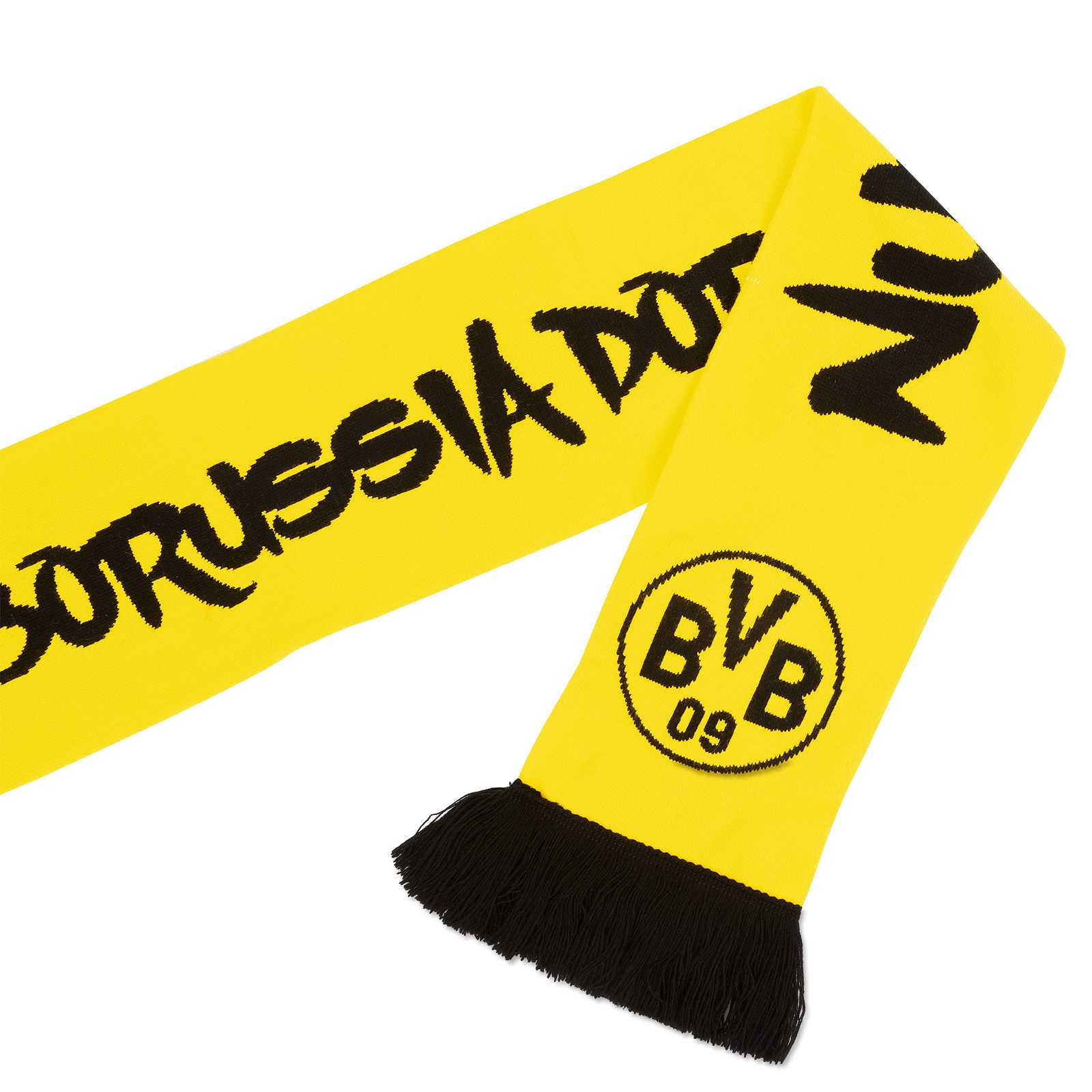 Detailansicht des BVB Wendeschal EMMA Kinder in schwarzgelb mit BVB-Emblem, schwarzer Fransenborte und EMMA-Schriftzug.