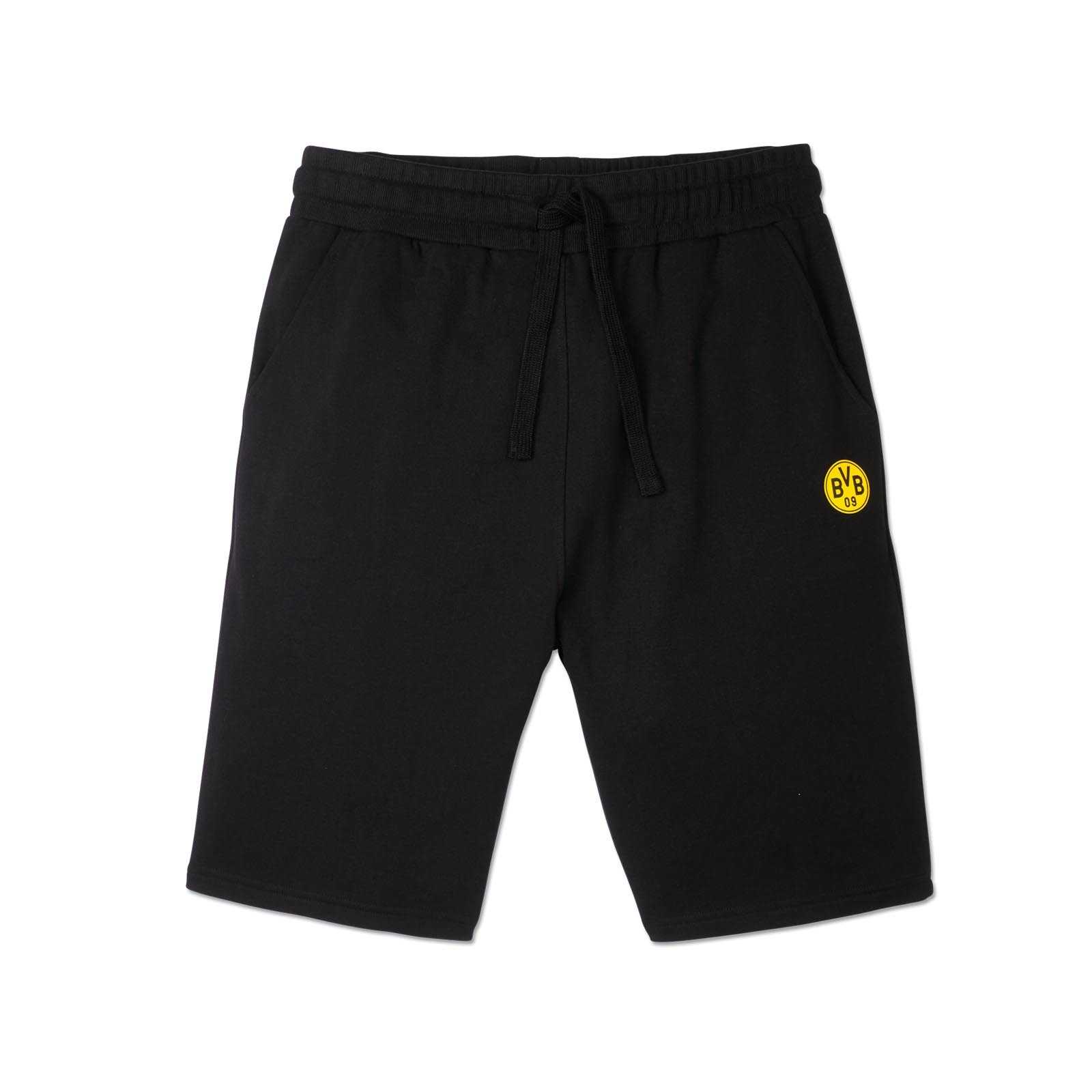 Vorderansicht der schwarzgelben BVB CLUB Freizeitshorts Kinder mit Kordelzug und BVB-Emblem auf dem linken Bein.