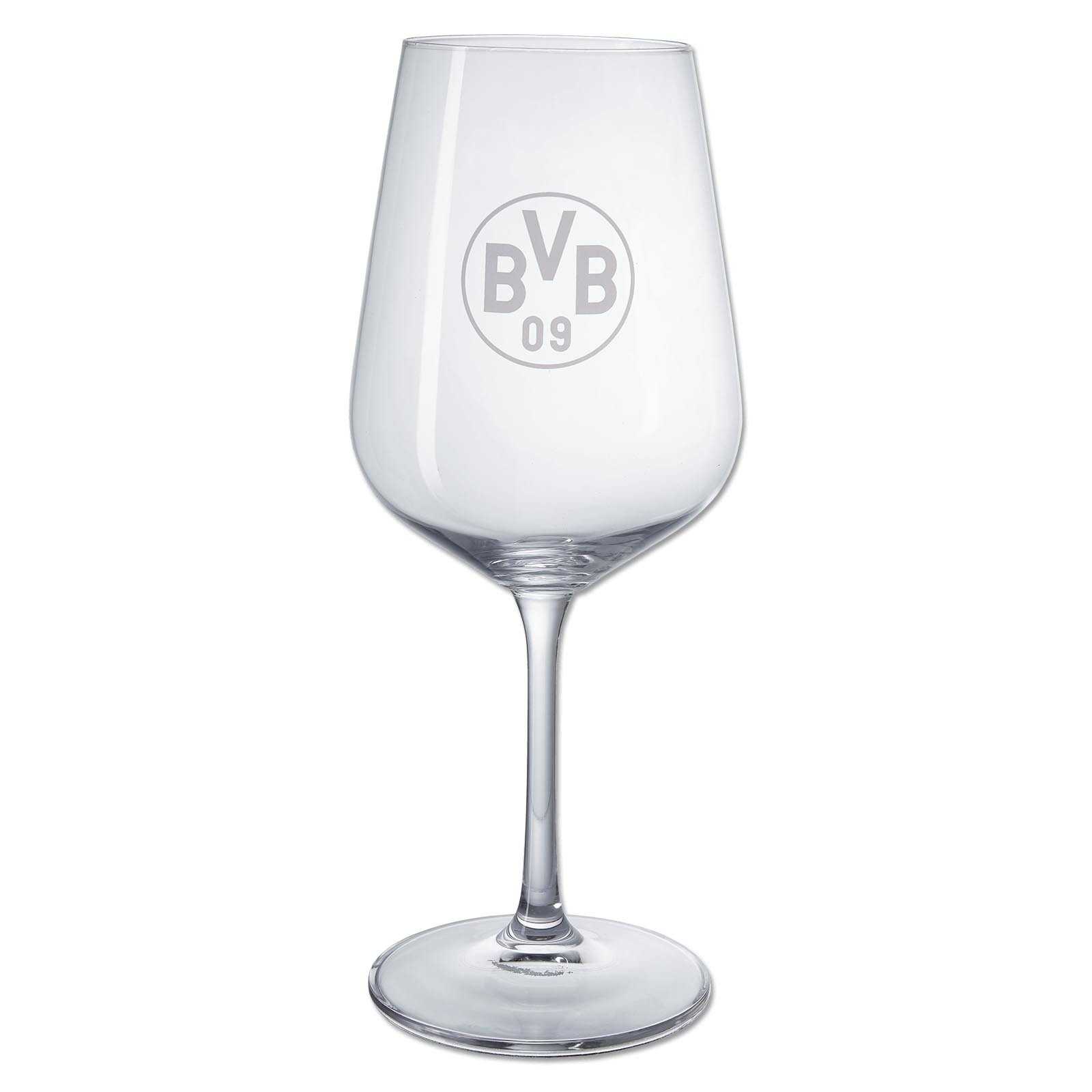 Frontalansicht des BVB Weinglas im 2er-Set mit eingraviertem BVB-Emblem auf dem klaren Glas. Schlichtes Design für Fans von Borussia Dortmund.