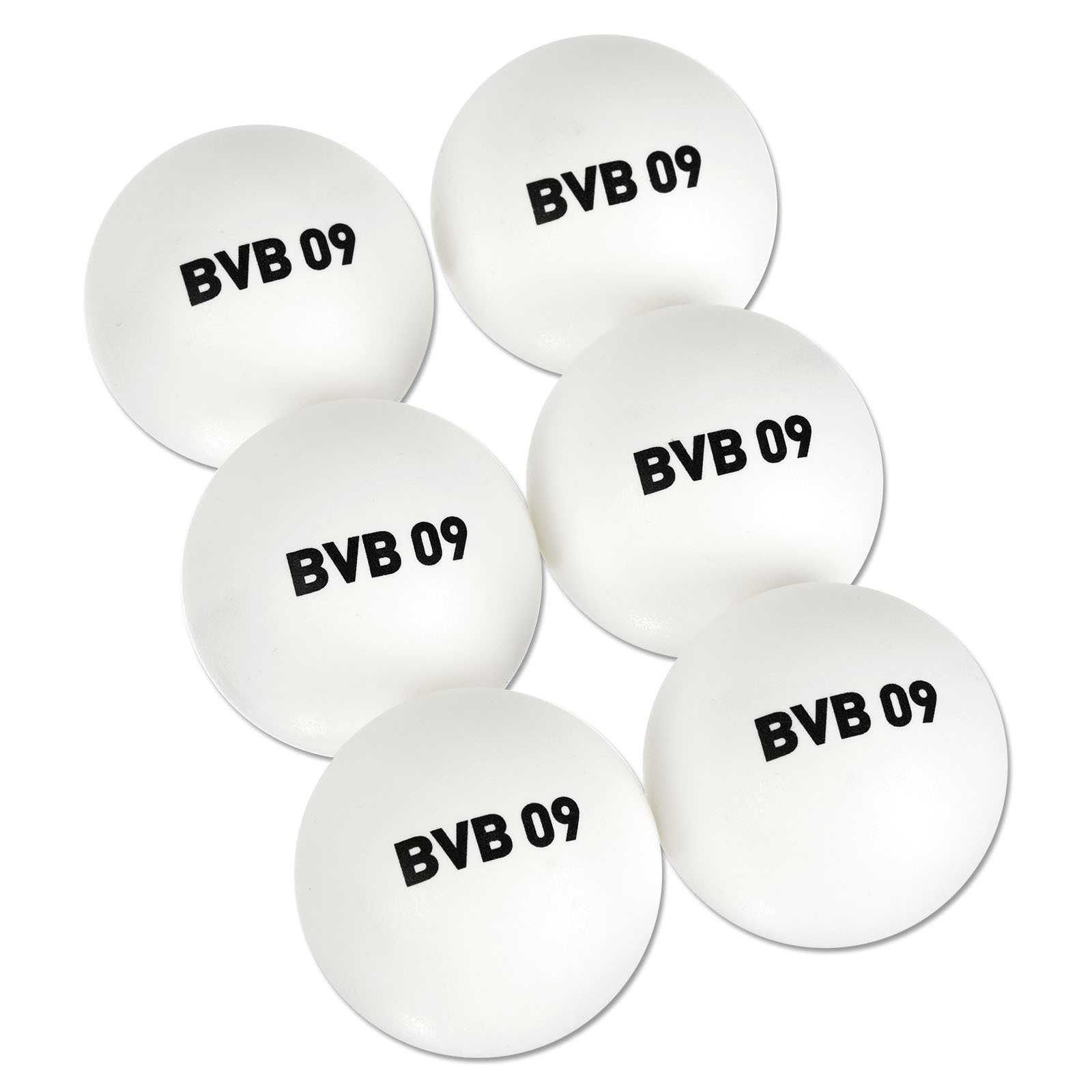 Sechs weiße BVB Tischtennisbälle 6er Set in Draufsicht, alle mit schwarzem "BVB 09"-Schriftzug bedruckt.