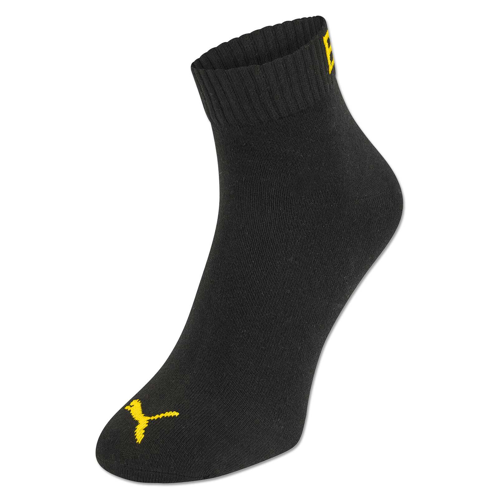 Seitenansicht einer schwarzgelben BVB-Quarter Socke (Puma) aus dem 3er Pack mit gelbem Puma-Logo auf dem Spann.