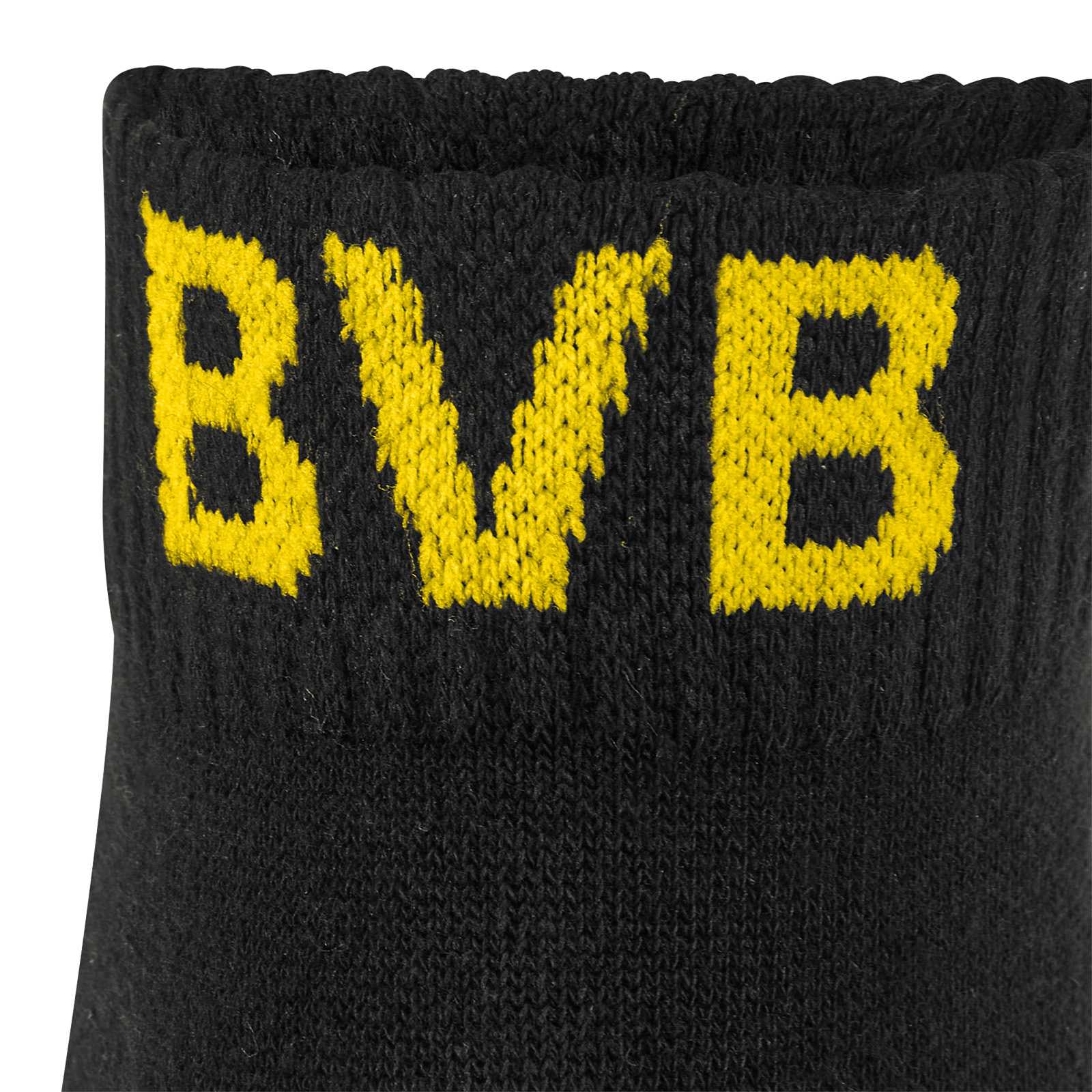 Detailansicht der schwarzgelben BVB-Quarter Socken (Puma) im 3er Pack mit gelbem „BVB“-Schriftzug am schwarzen Bündchen.