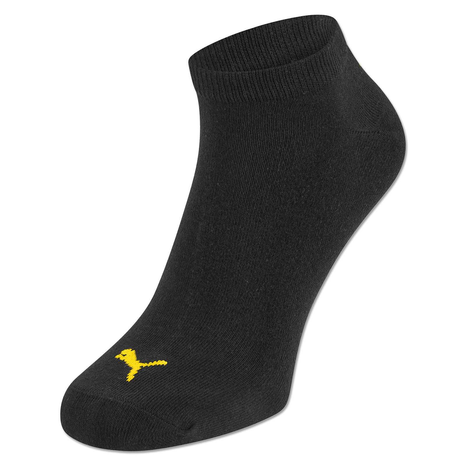 Seitenansicht einer schwarzen BVB-Sneaker Socke aus dem 3er Pack von Puma, mit gelbem Puma-Logo auf dem Spann.