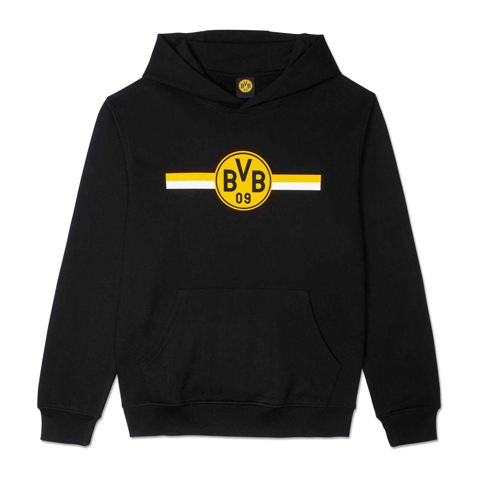 Vorderansicht des schwarzgelben BVB CLUB Hoodie Damen mit großem BVB-Emblem auf der Brust und gelb-weißer Streifenakzentuierung.