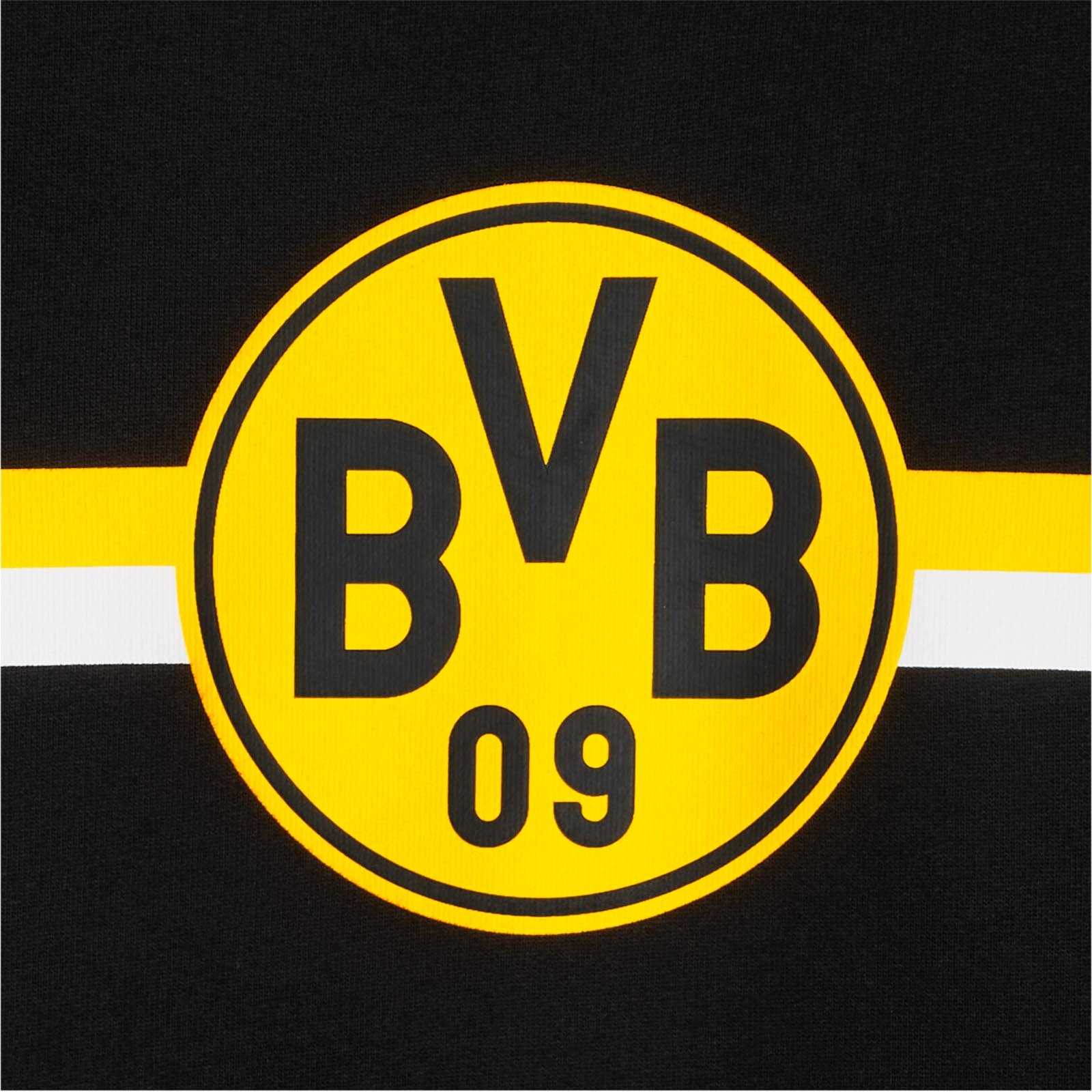 Detailansicht des schwarzgelben BVB CLUB Hoodie Damen mit großem BVB-Emblem auf der Brust und waagerechtem gelben sowie weißen Streifen.