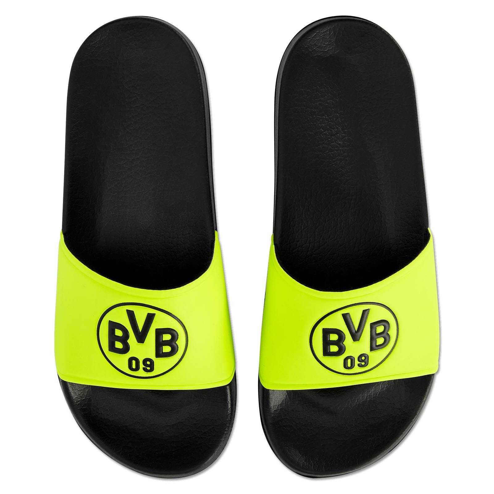 Vorderansicht der BVB Badeschlappen Logo neon in schwarzgelb mit auffälligem BVB-Emblem auf dem neonfarbenen Riemen.