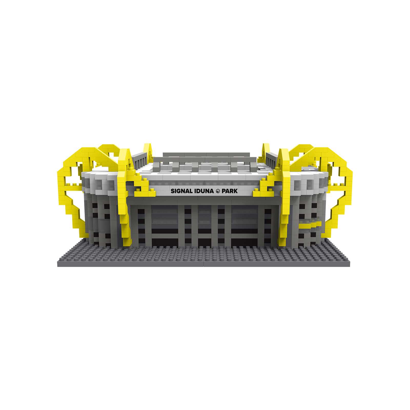 Vorderansicht des BVB Signal Iduna Park Bausatz (mini) als detailreiches Modell in grau und gelb, mit SIGNAL IDUNA PARK Schriftzug auf der Front.