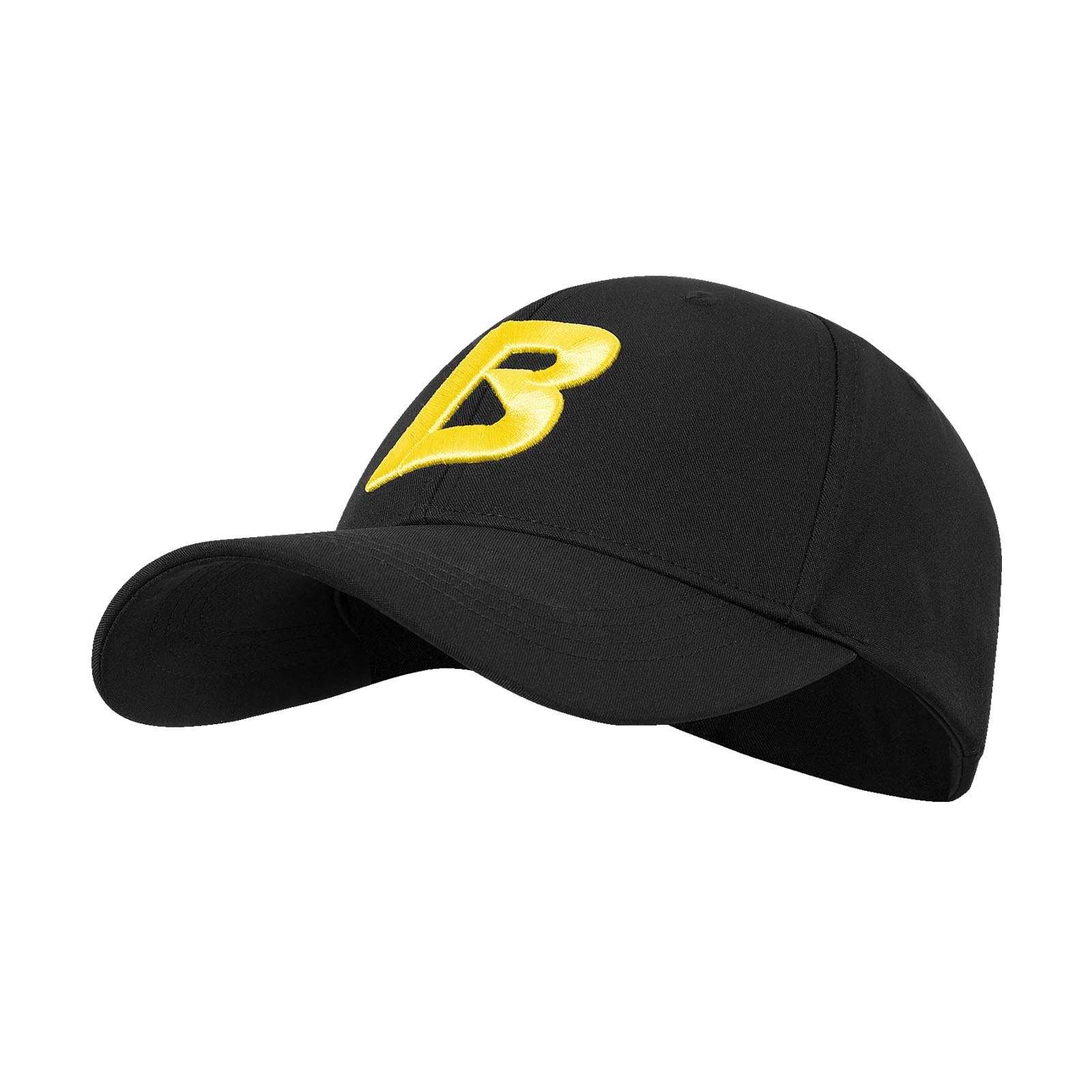 Vorderansicht der schwarzgelben BVB Cap B mit großem, gelbem B auf der Front. Die Cap ist schlicht und sportlich gehalten.