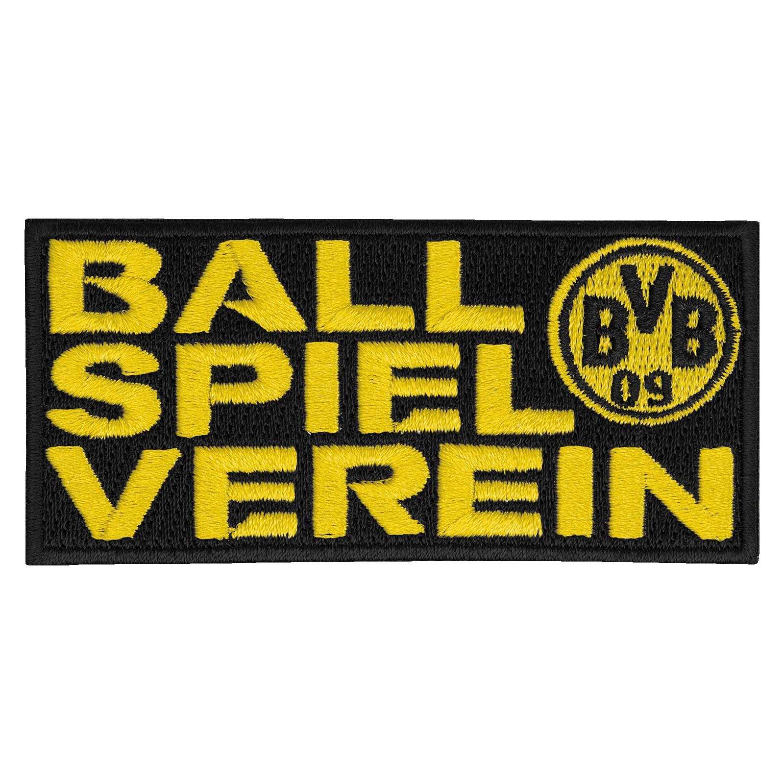 Vorderansicht des BVB Aufnähers Ballspielverein in schwarzgelb mit großem gesticktem Schriftzug und BVB-Emblem rechts oben.