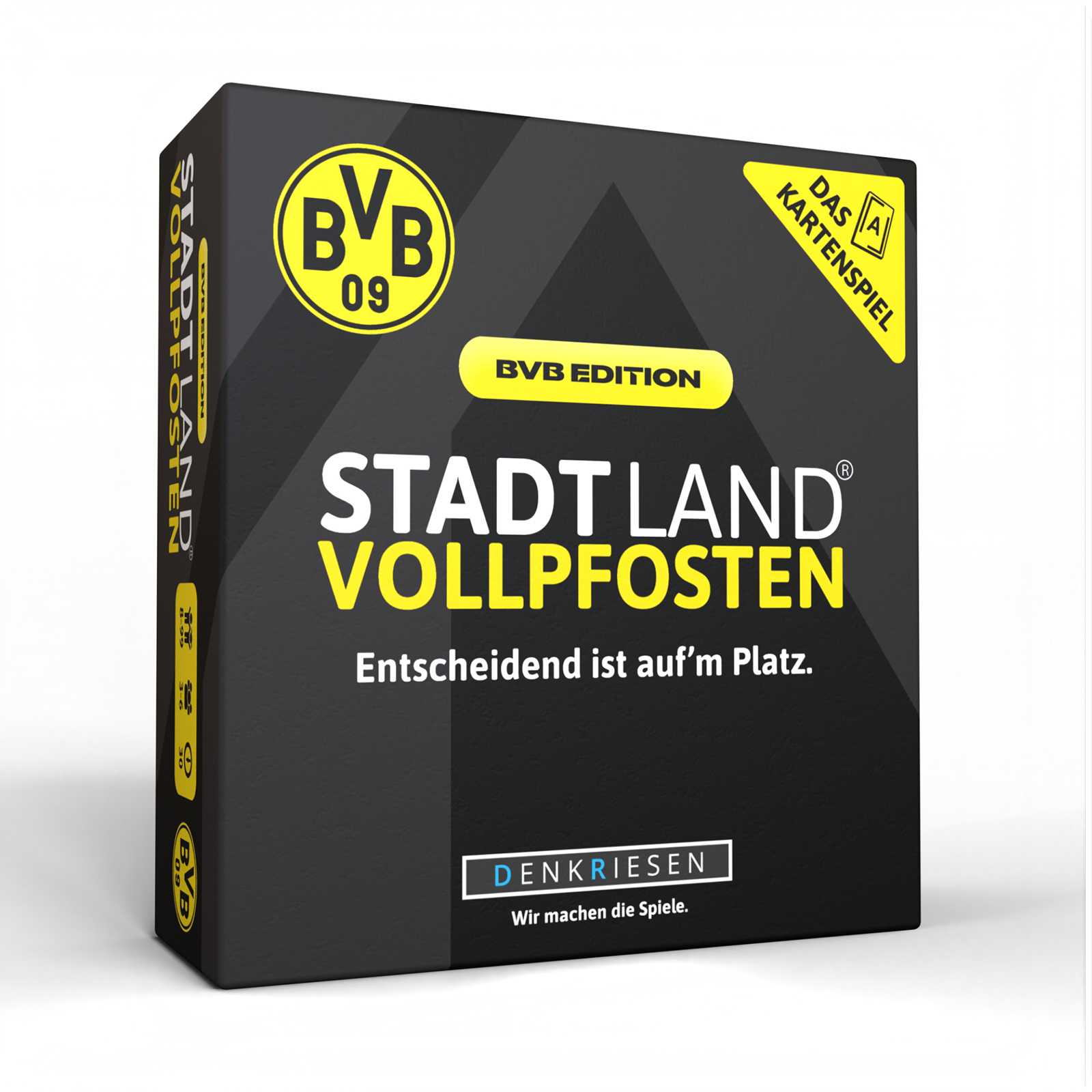 Vorderansicht des BVB Stadt Land Vollpfosten Kartenspiels in schwarzgelber Optik mit großem BVB-Emblem und „BVB Edition“-Aufdruck.