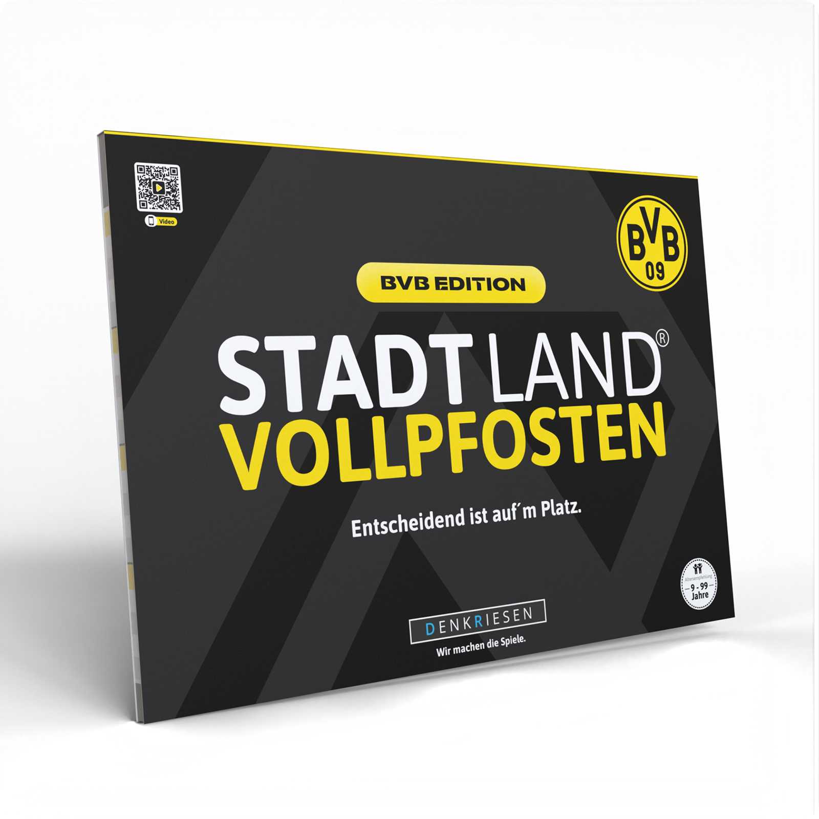 Vorderansicht des BVB Stadt Land Vollpfosten Blocks in schwarzgelb mit BVB-Emblem und "BVB EDITION" Aufschrift, Markenname Denkriesen sichtbar.