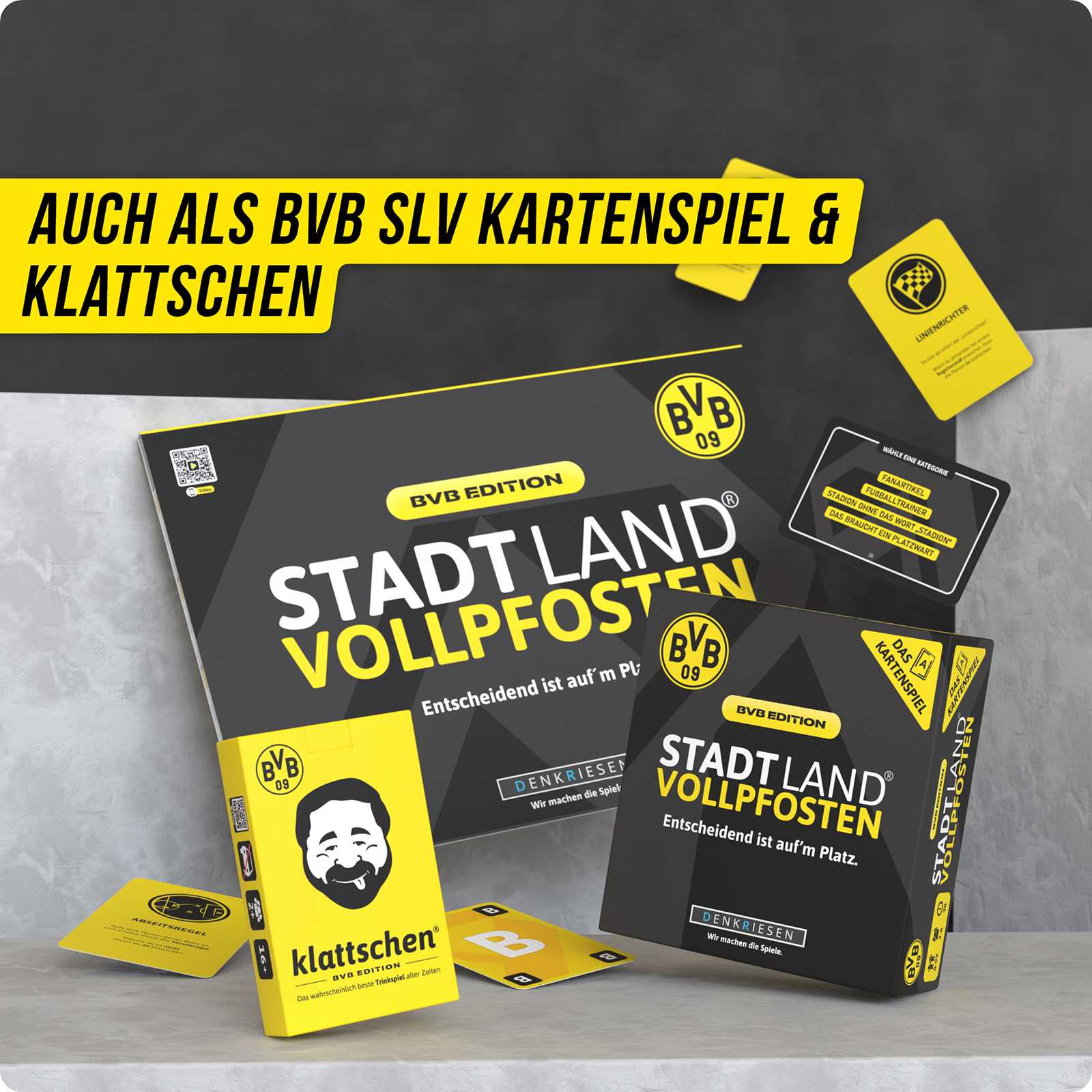 Vorderansicht des BVB Stadt Land Vollpfosten Blocks im schwarzgelben Design mit BVB-Emblem und BVB Edition, dazu passende Karten- und Klattspielen sichtbar.