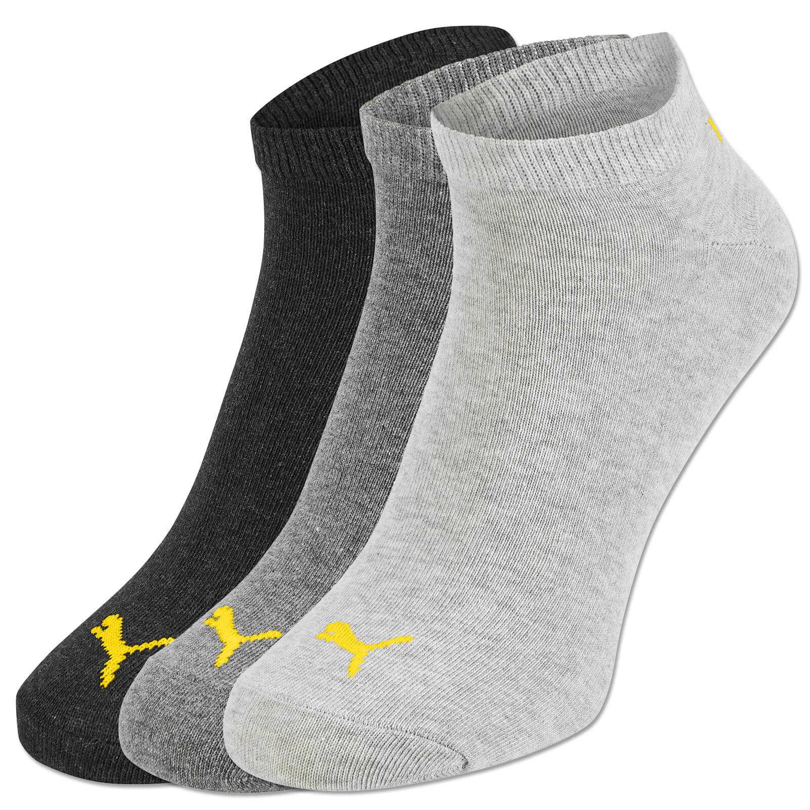 Frontalansicht des BVB-Sneaker Socken (Puma) 3er Packs in schwarz, grau und hellgrau mit gelbem Puma-Logo auf dem Spann.