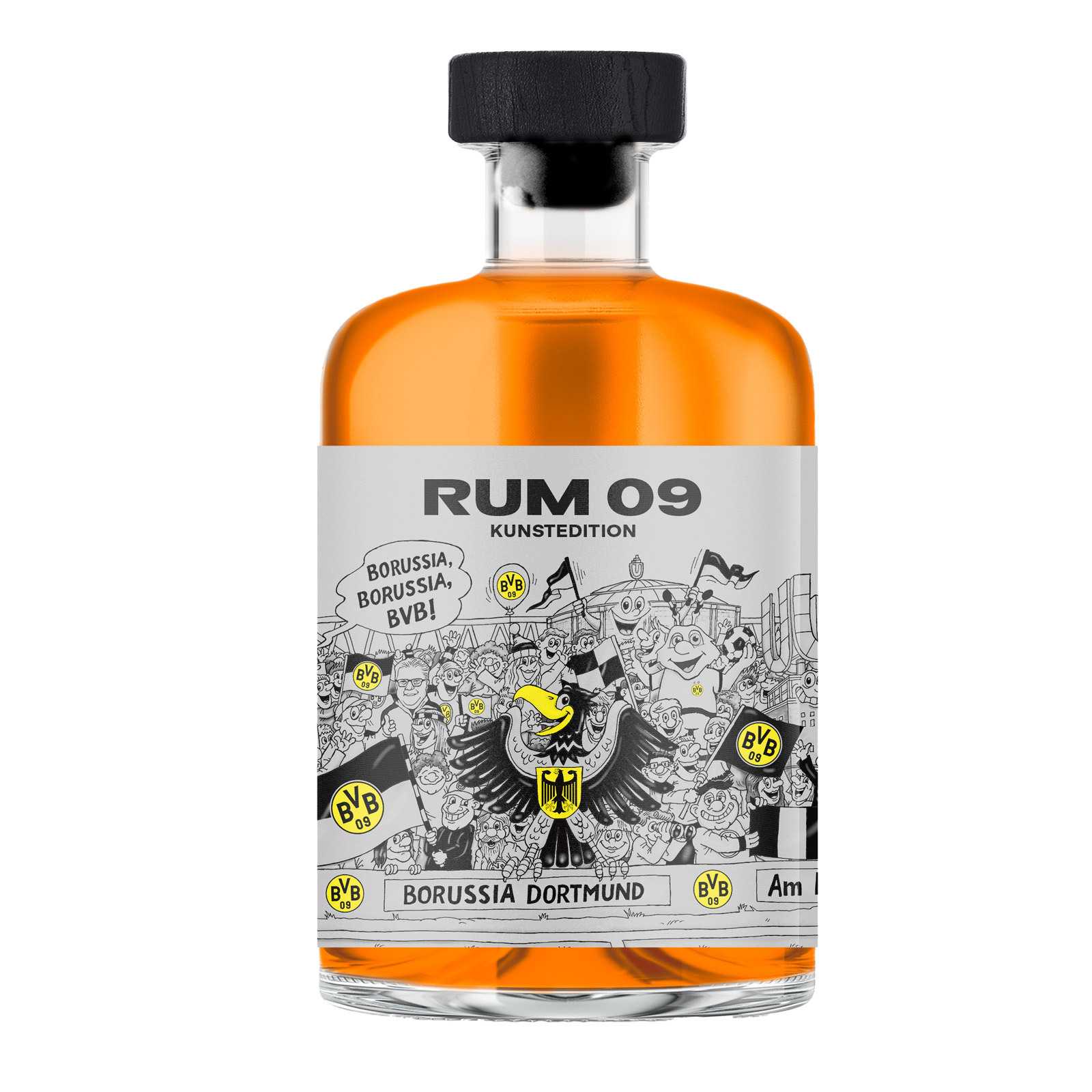 Vorderansicht der Flasche BVB Rum 09 Kunstedition mit schwarzgelbem Borussia Dortmund Kunstetikett, BVB-Emblem und Fanillustration.
