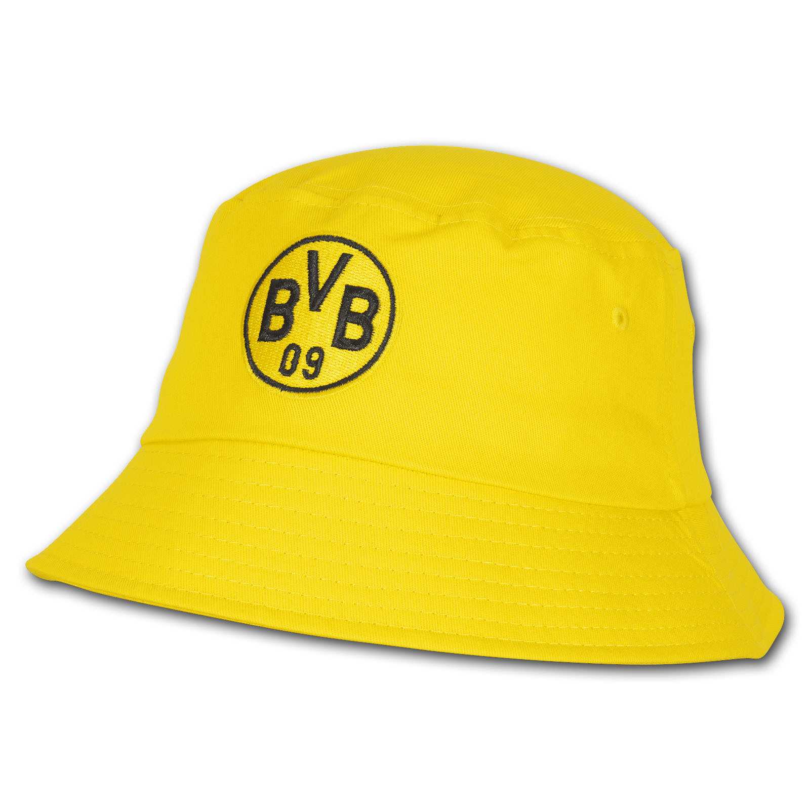 Vorderansicht des gelben BVB Fischerhut Logo mit aufgesticktem BVB-Emblem in schwarz auf der Vorderseite.